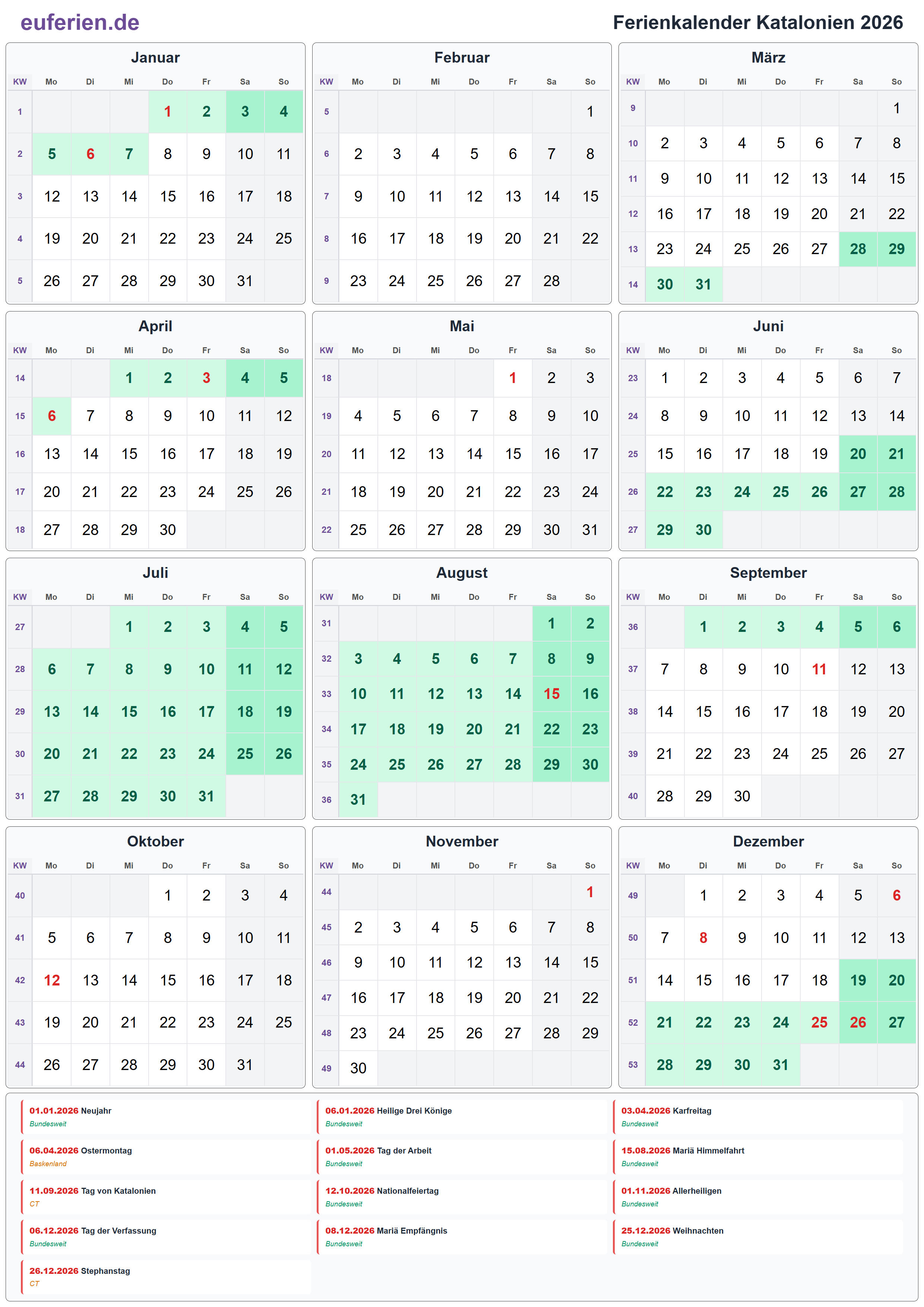 Ferienkalender Katalonien 2026 – Hochformat