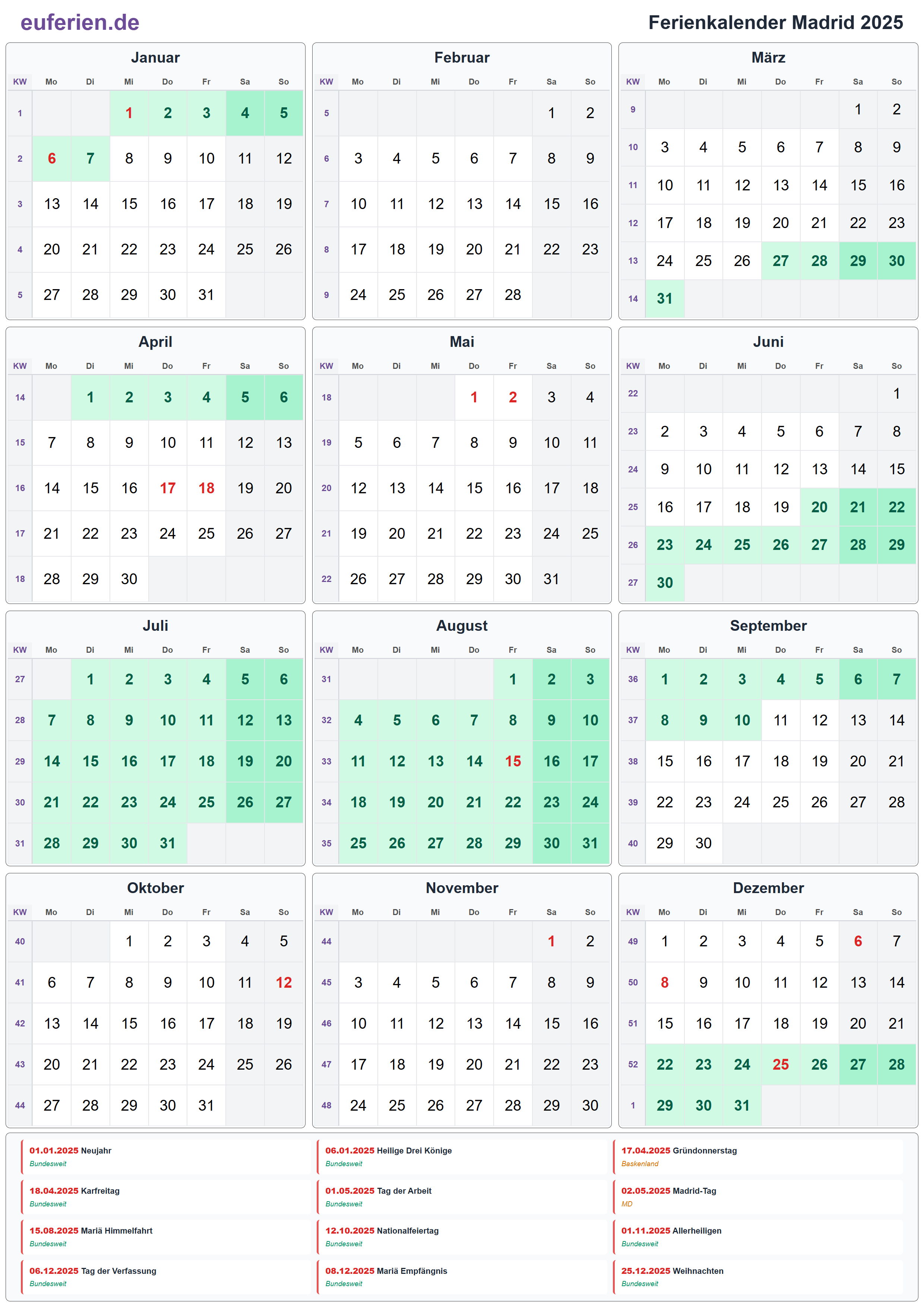 Ferienkalender Madrid 2025 – Hochformat