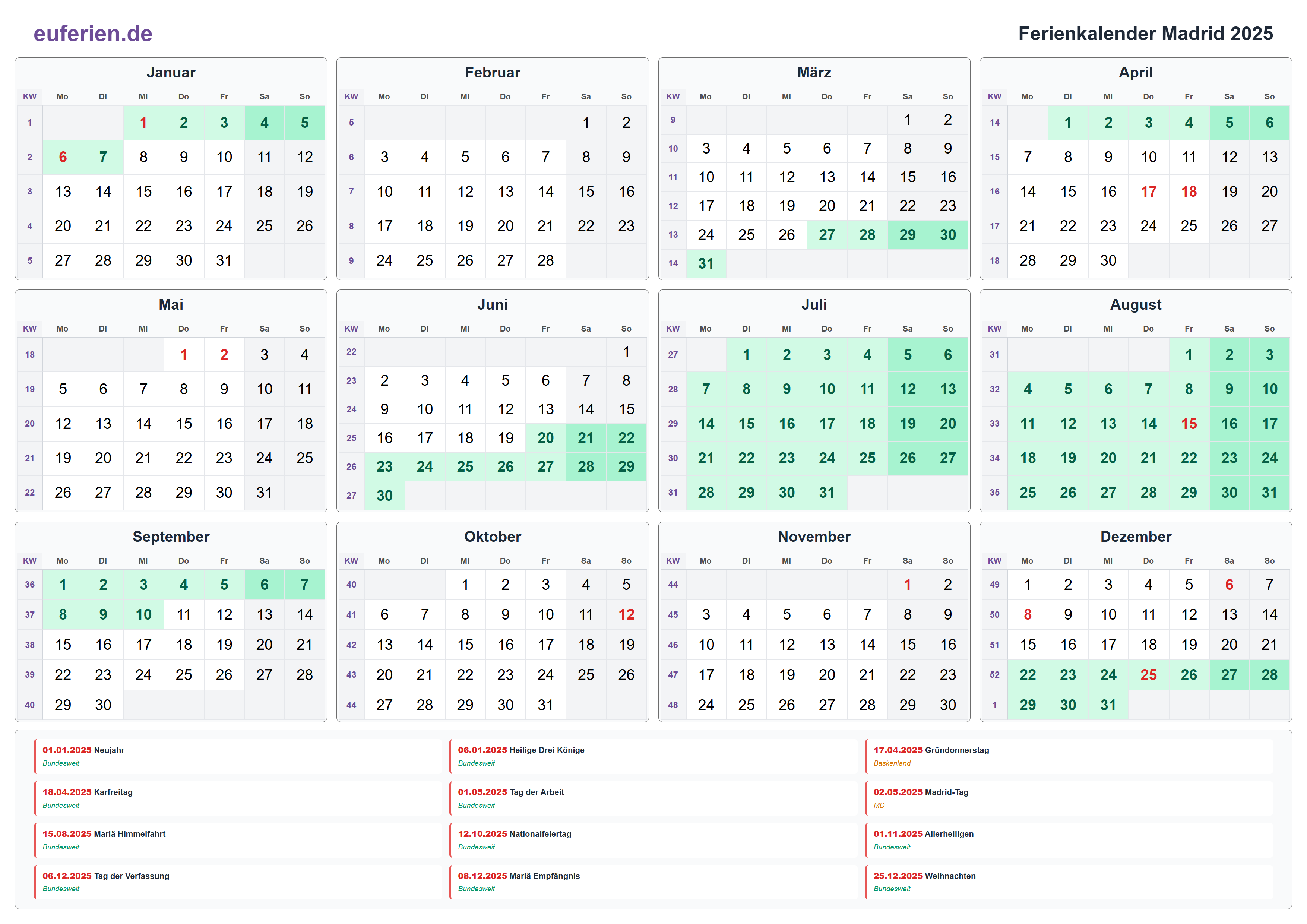 Ferienkalender Madrid 2025 – Querformat