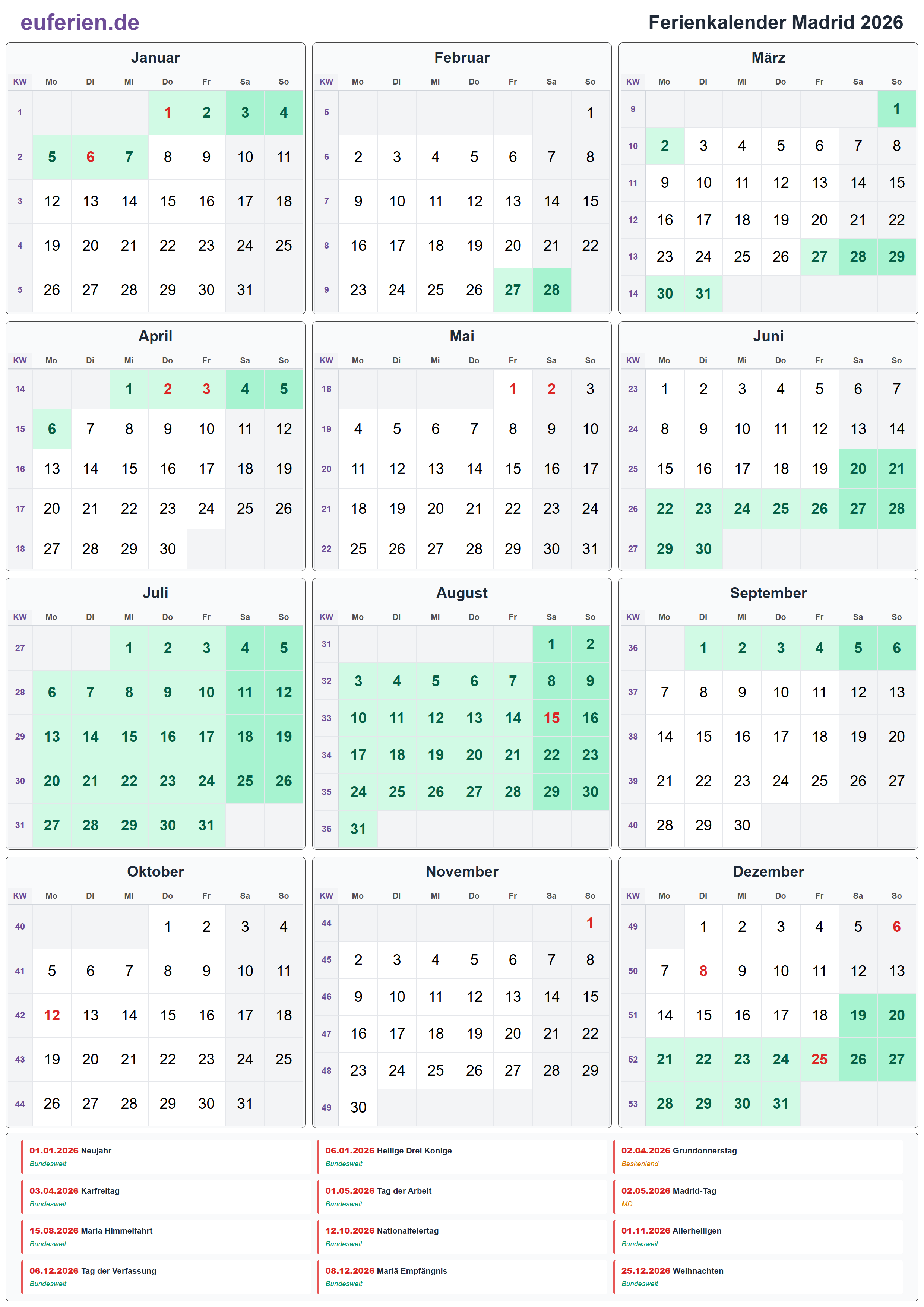 Ferienkalender Madrid 2026 – Hochformat