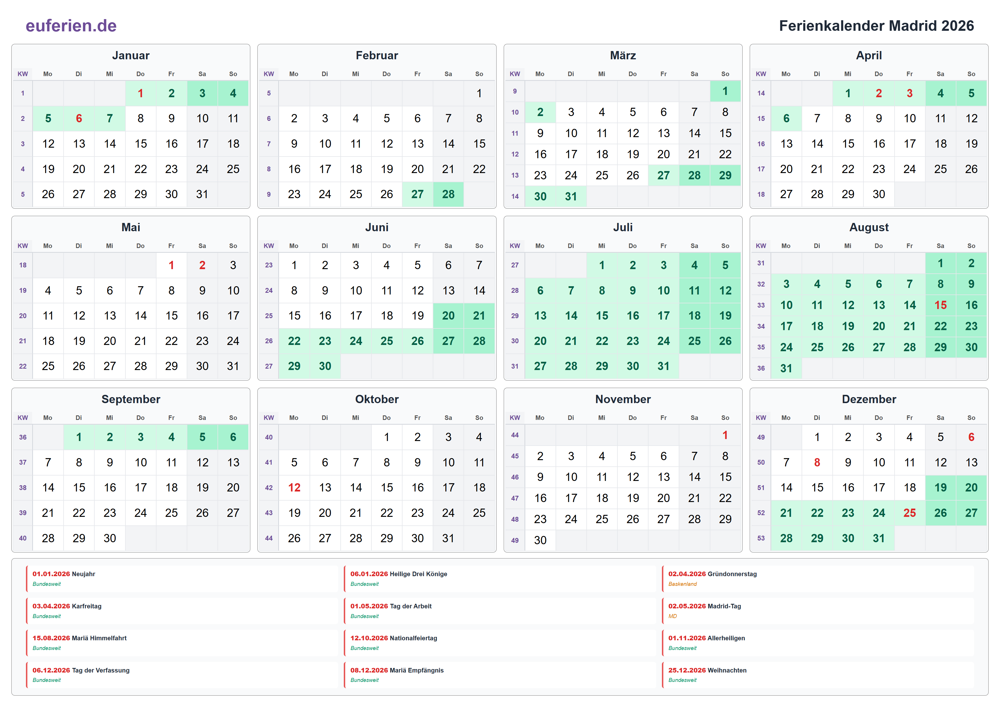 Ferienkalender Madrid 2026 – Querformat