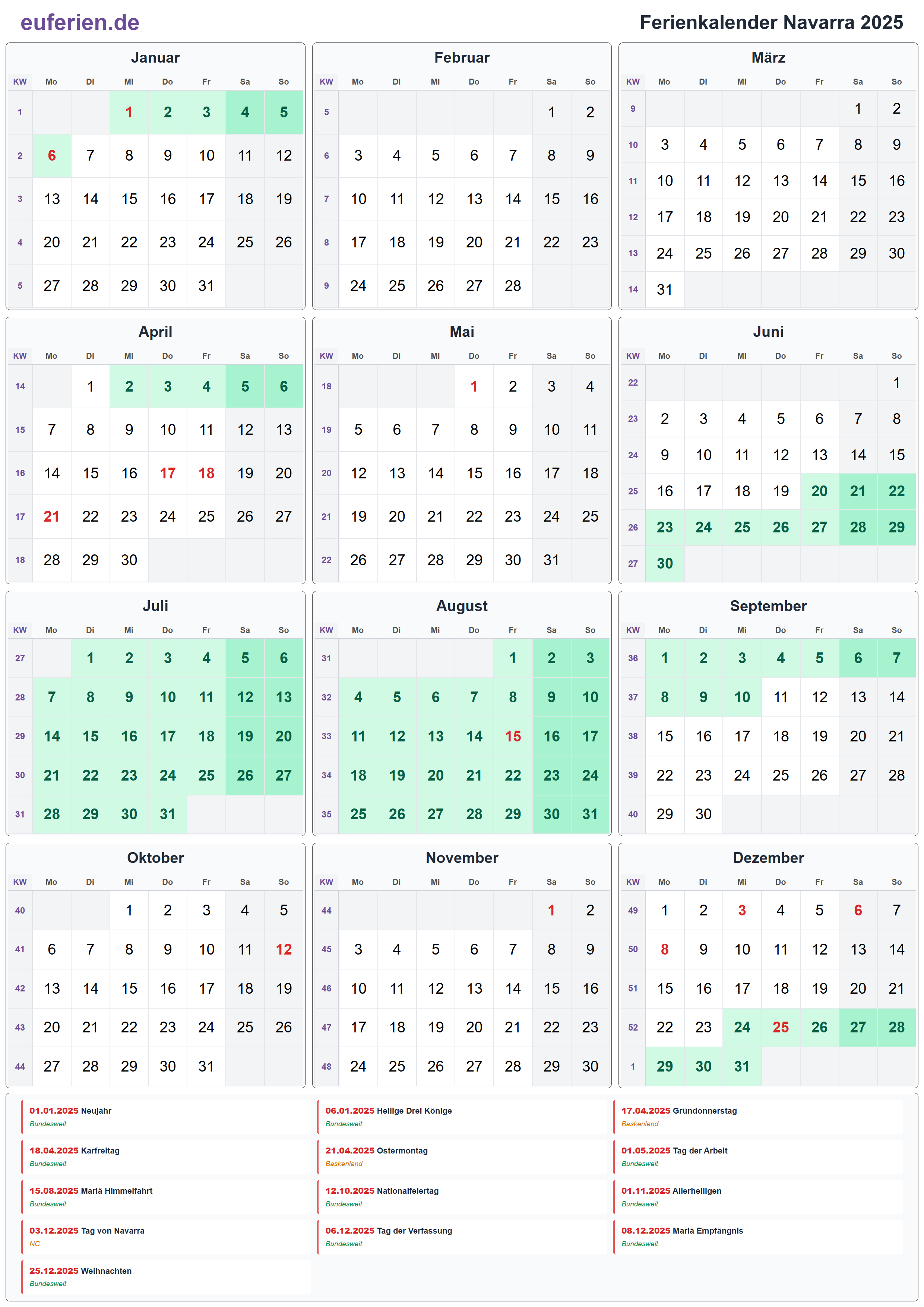 Ferienkalender Navarra 2025 – Hochformat