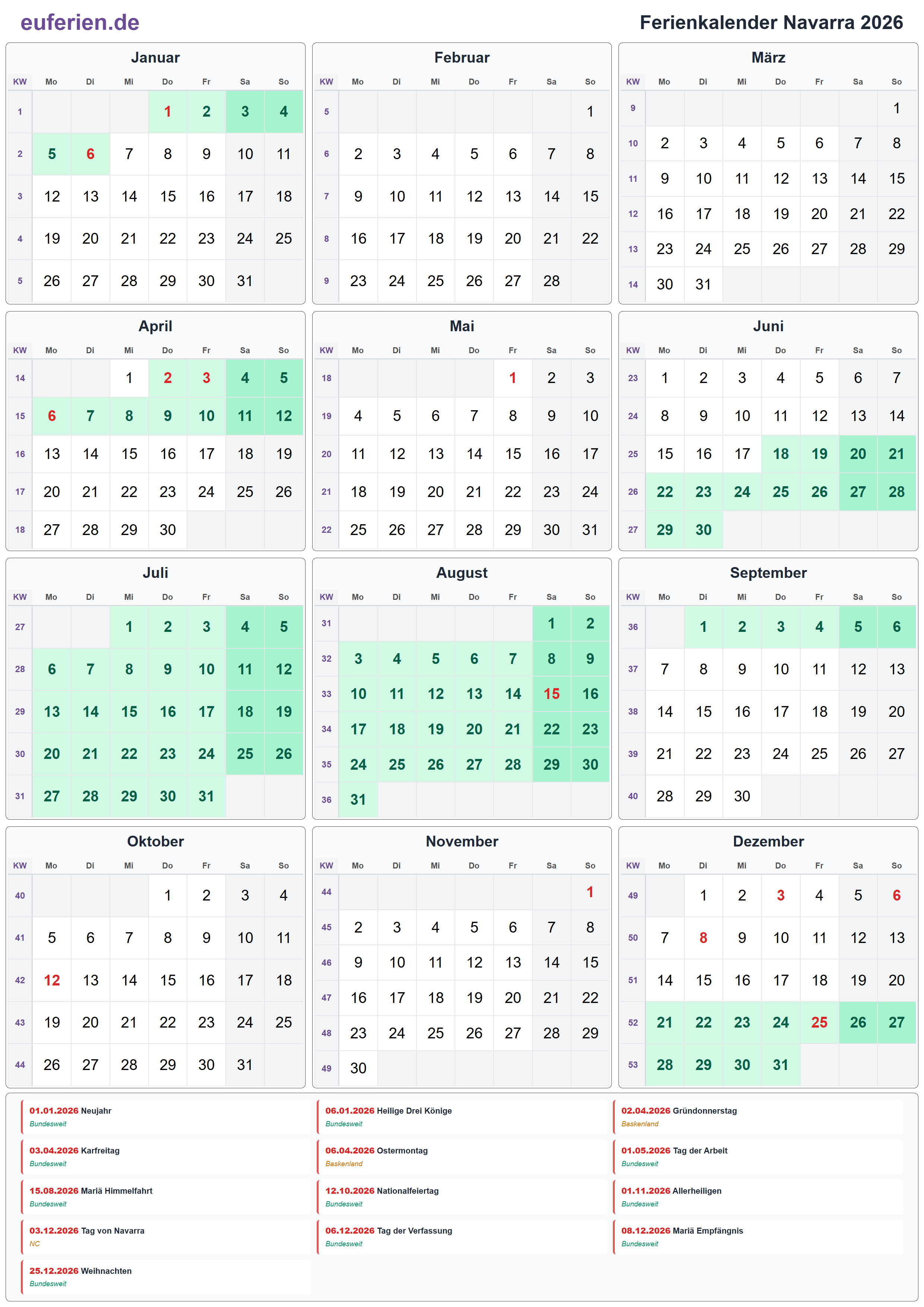 Ferienkalender Navarra 2026 – Hochformat
