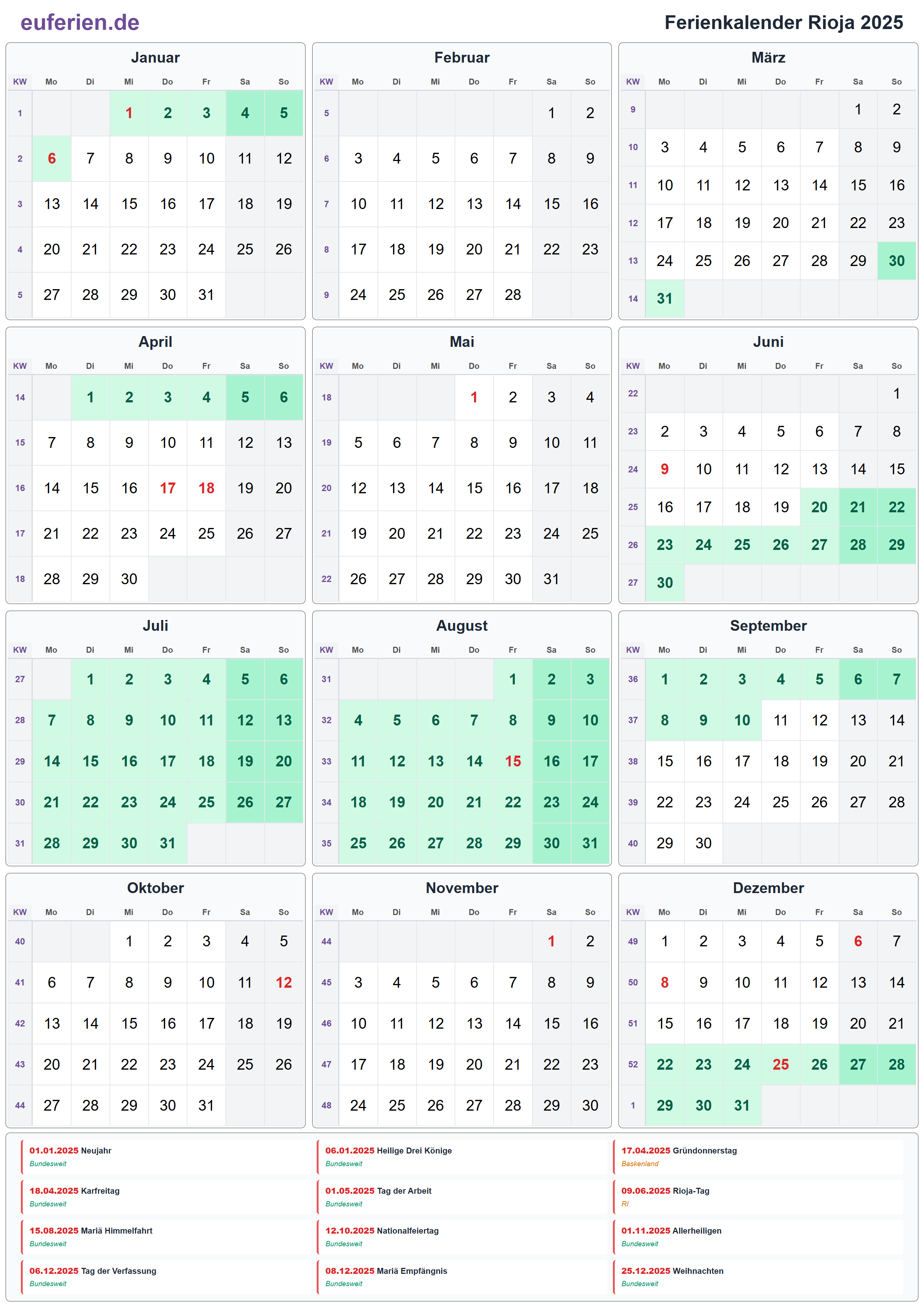 Ferienkalender Rioja 2025 – Hochformat