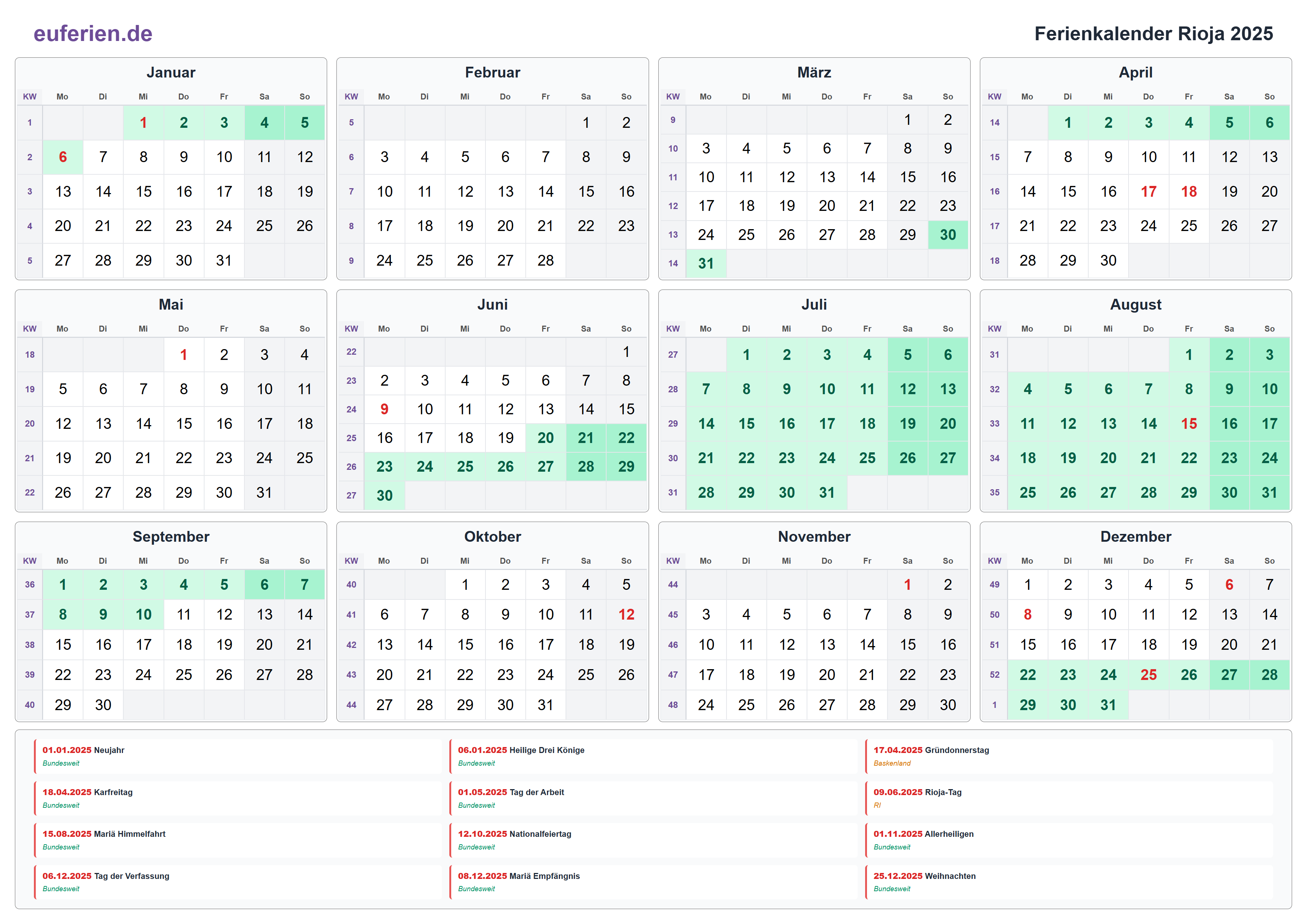 Ferienkalender Rioja 2025 – Querformat