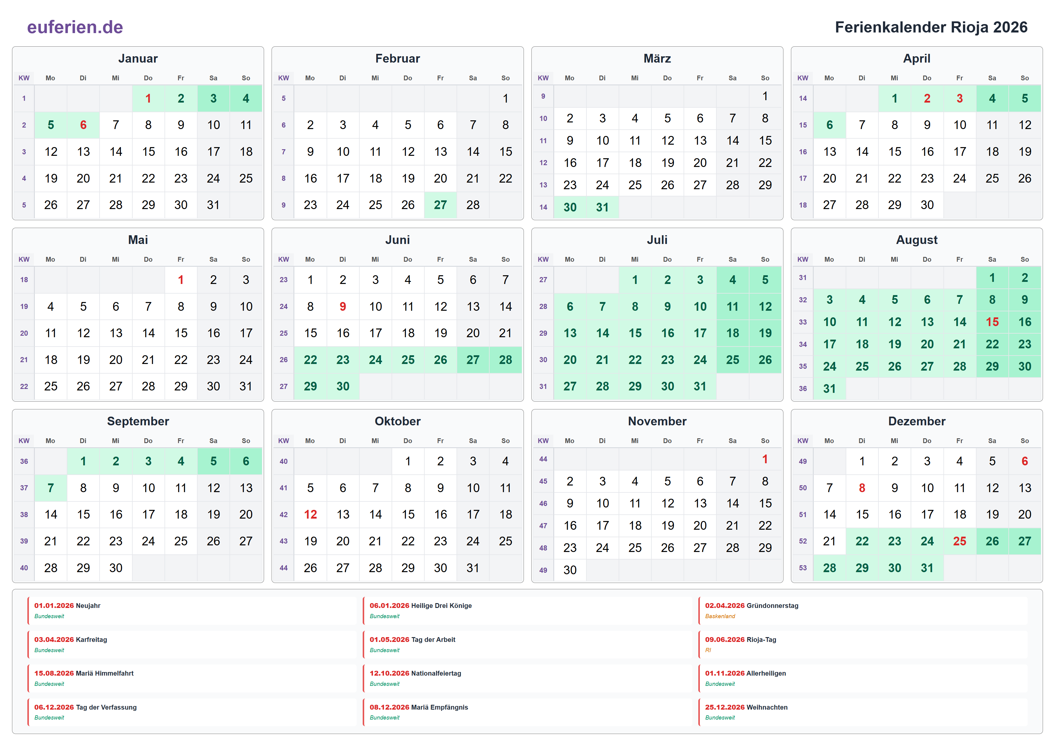 Ferienkalender Rioja 2026 – Querformat