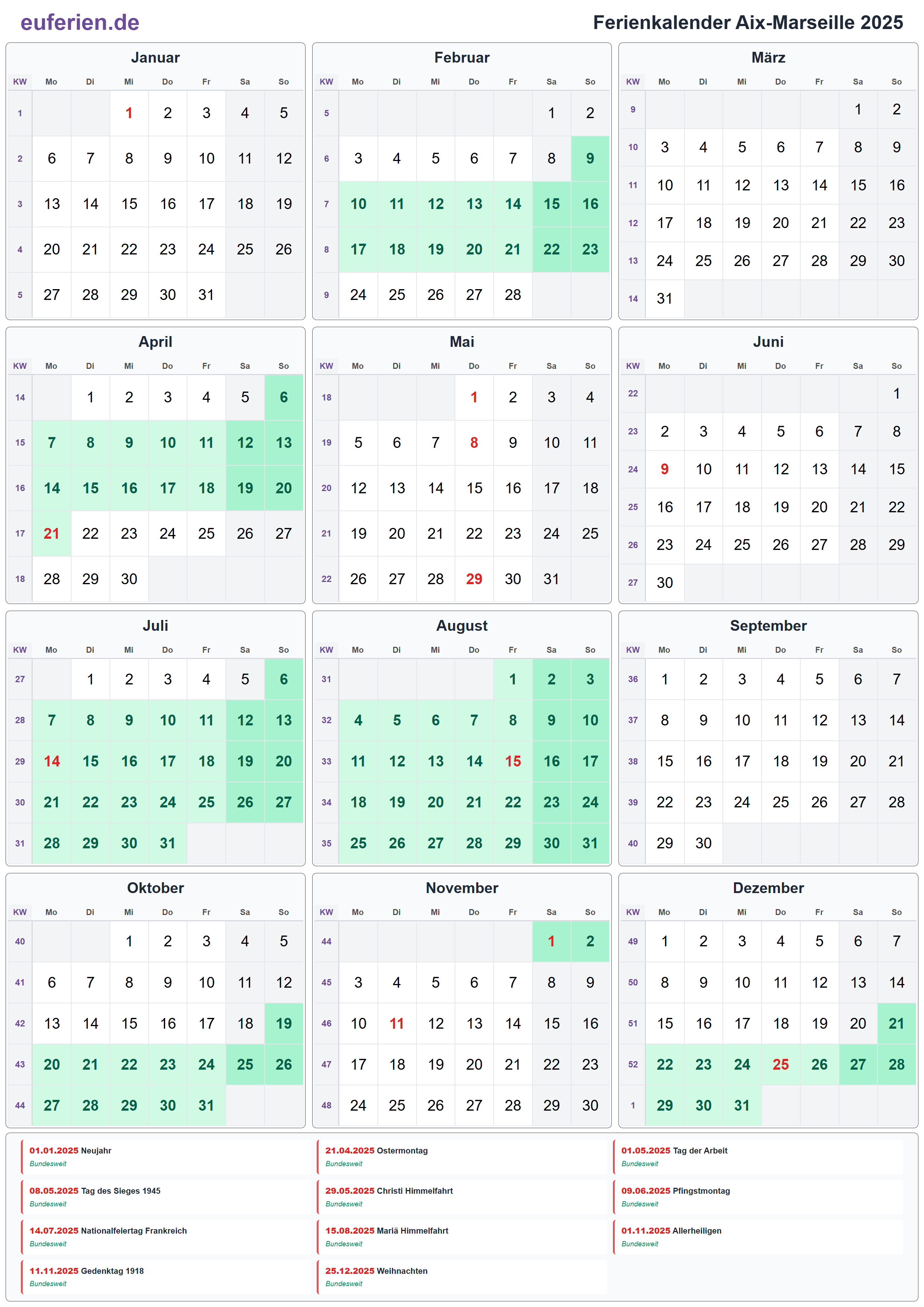 Ferienkalender Aix-Marseille 2025 – Hochformat