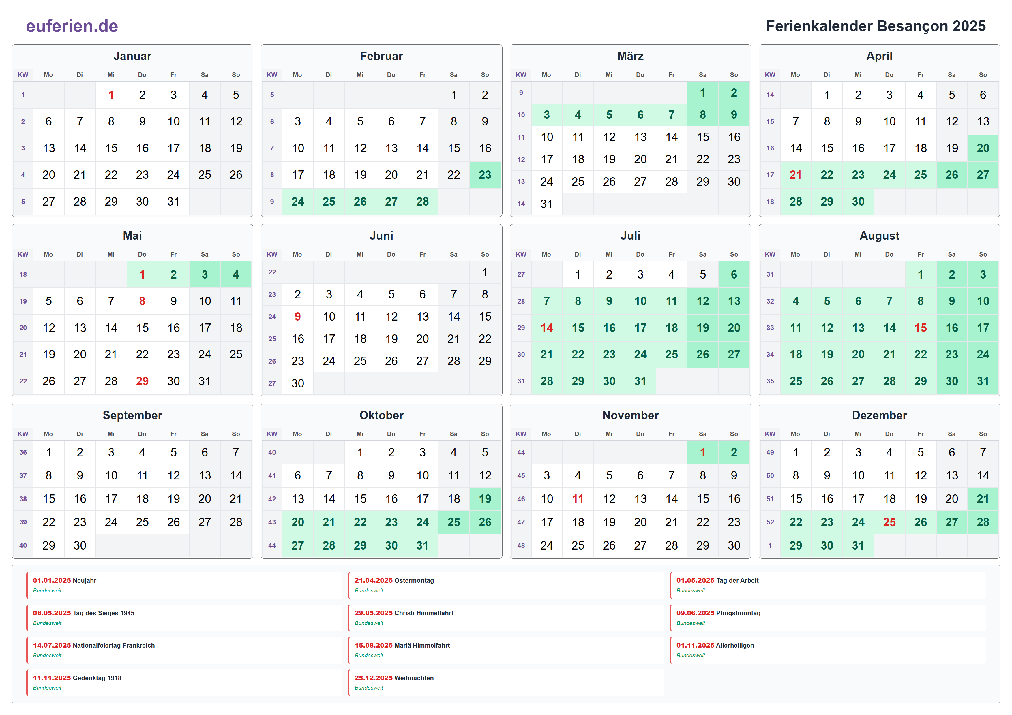 Ferienkalender Besançon 2025 – Querformat