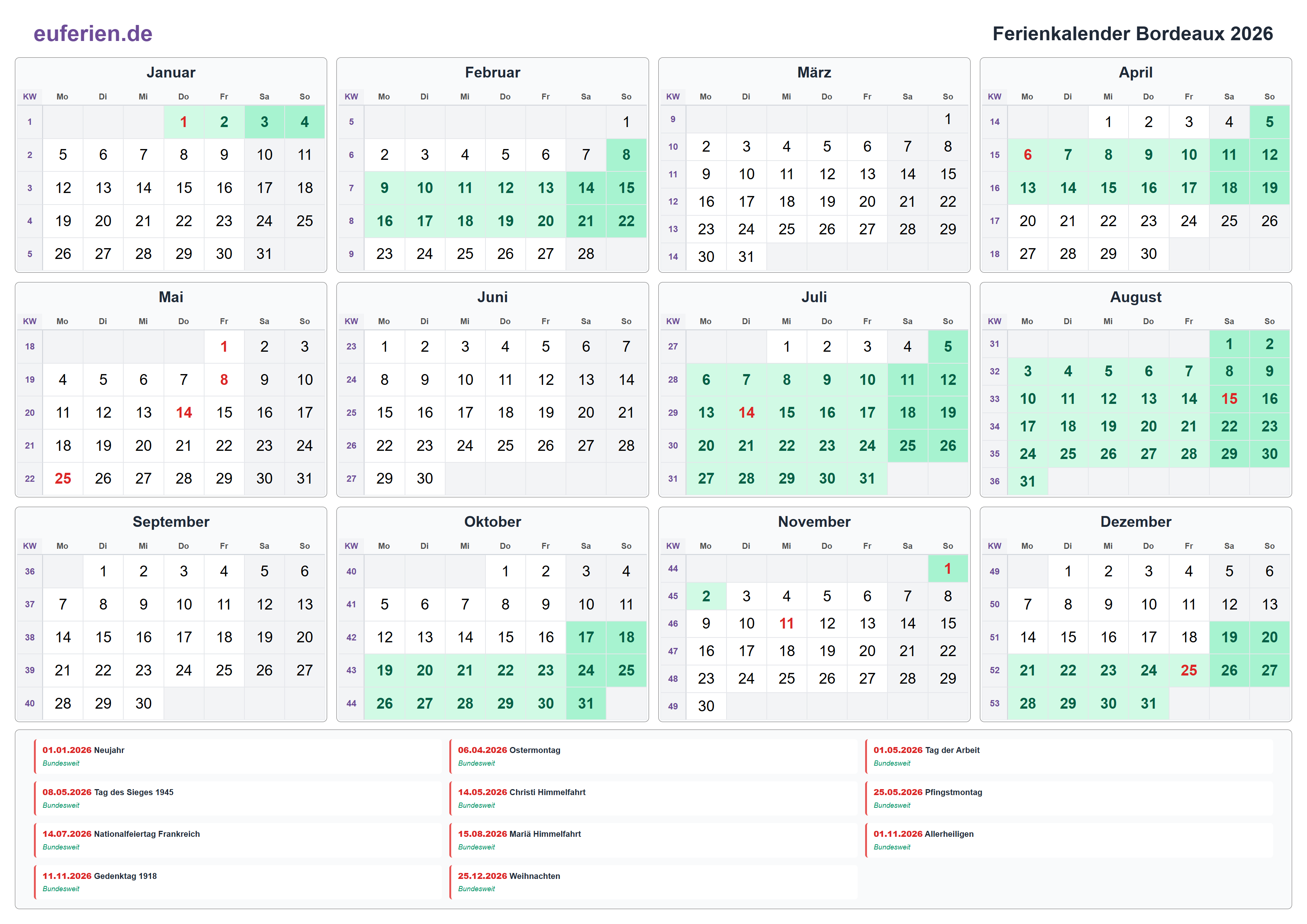 Ferienkalender Bordeaux 2026 – Querformat