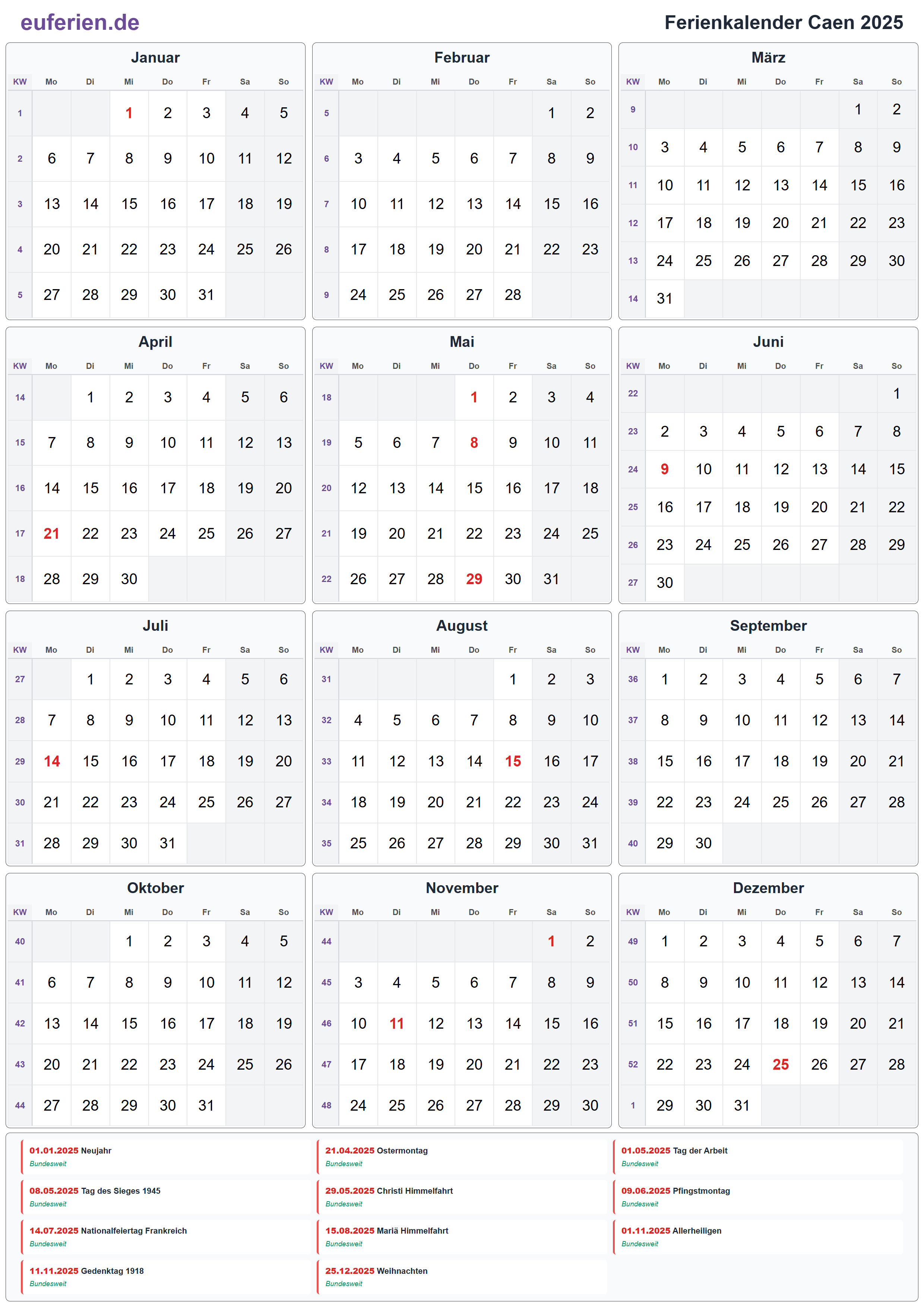 Ferienkalender Caen 2025 – Hochformat
