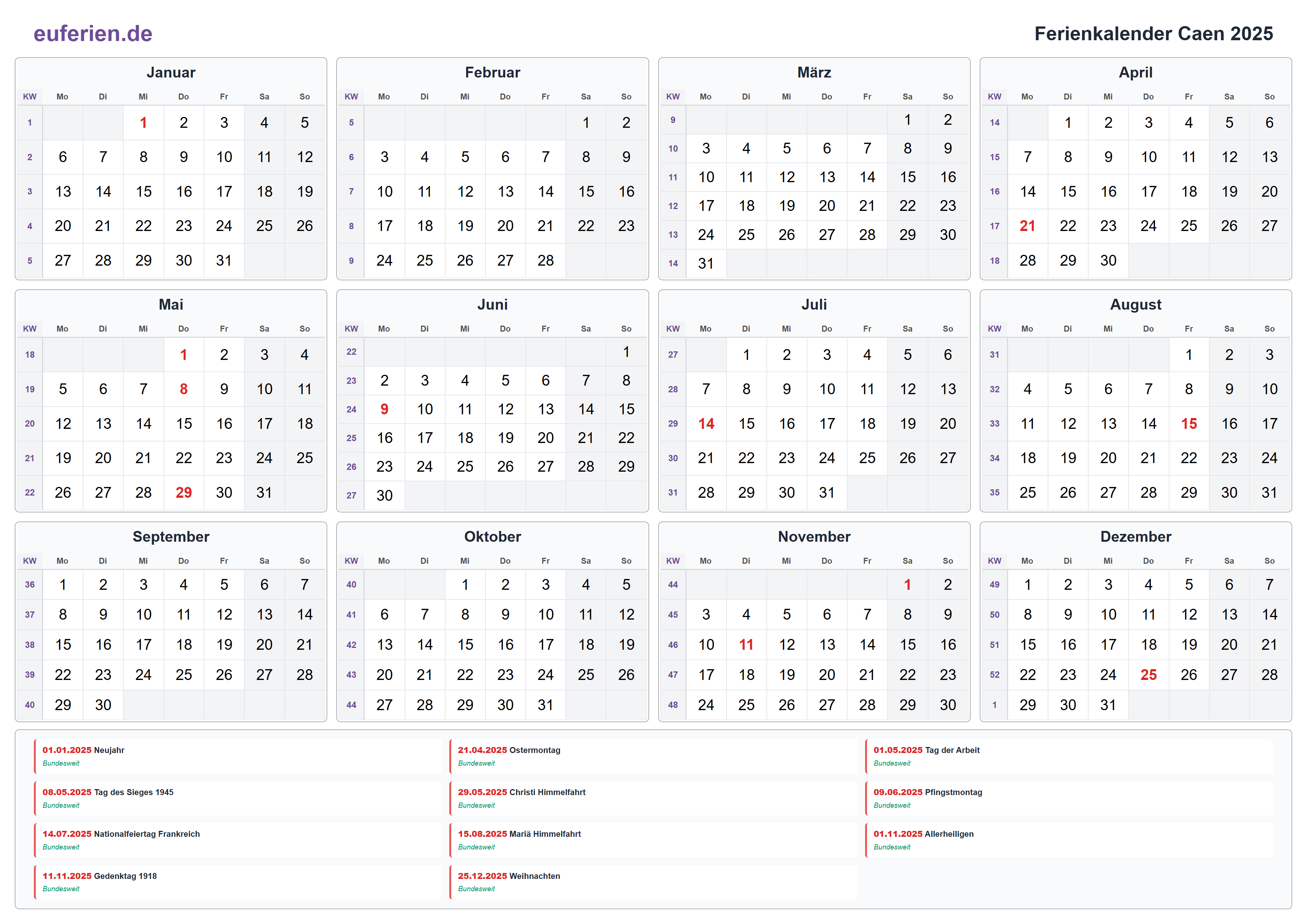 Ferienkalender Caen 2025 – Querformat