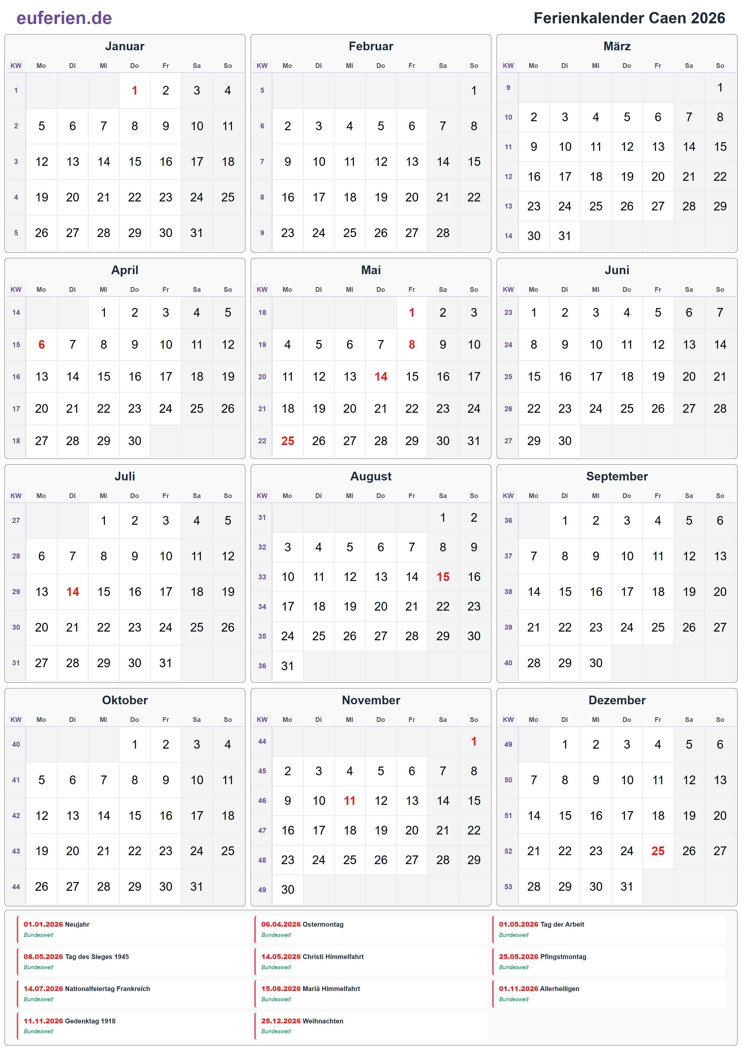 Ferienkalender Caen 2026 – Hochformat