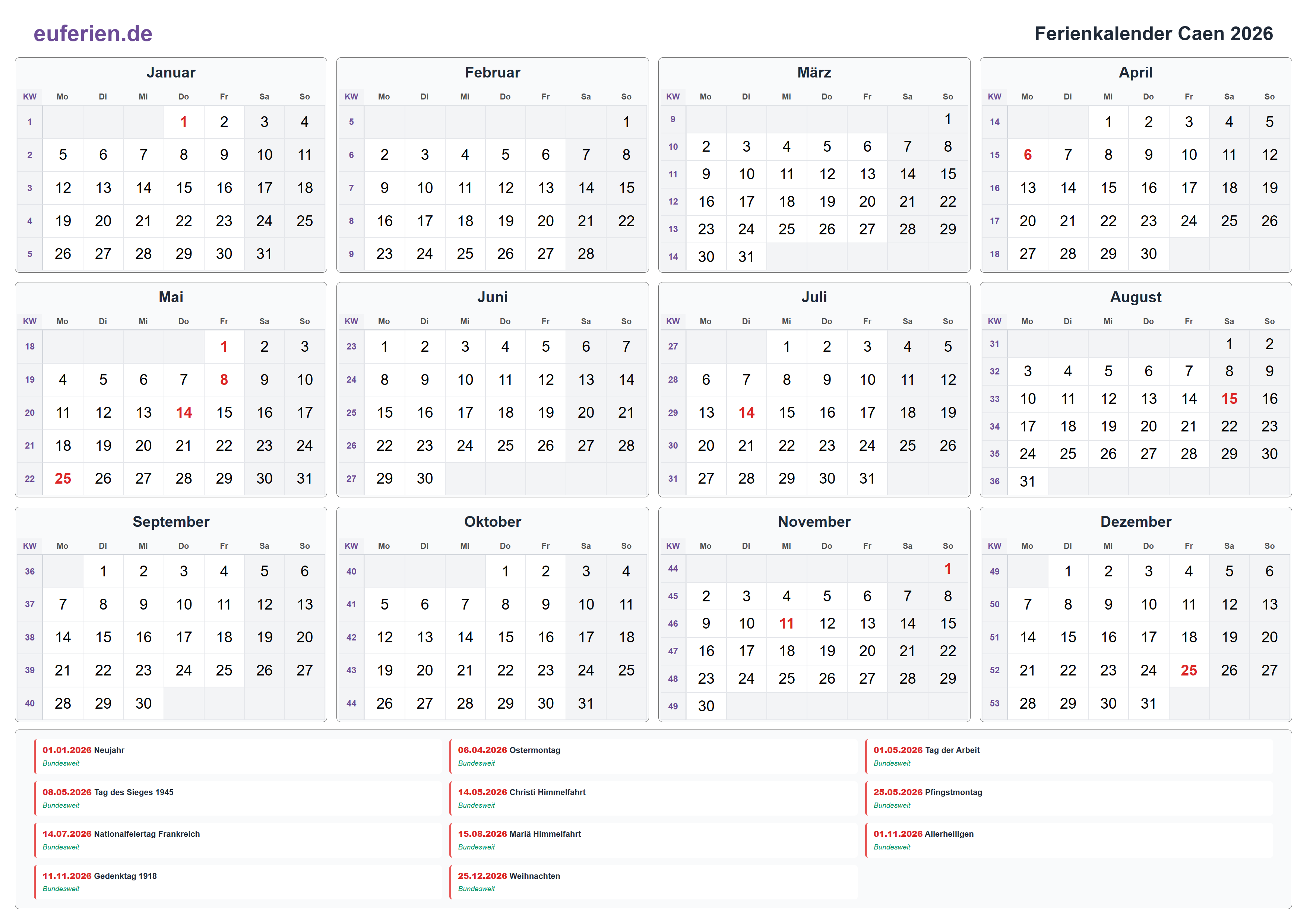 Ferienkalender Caen 2026 – Querformat