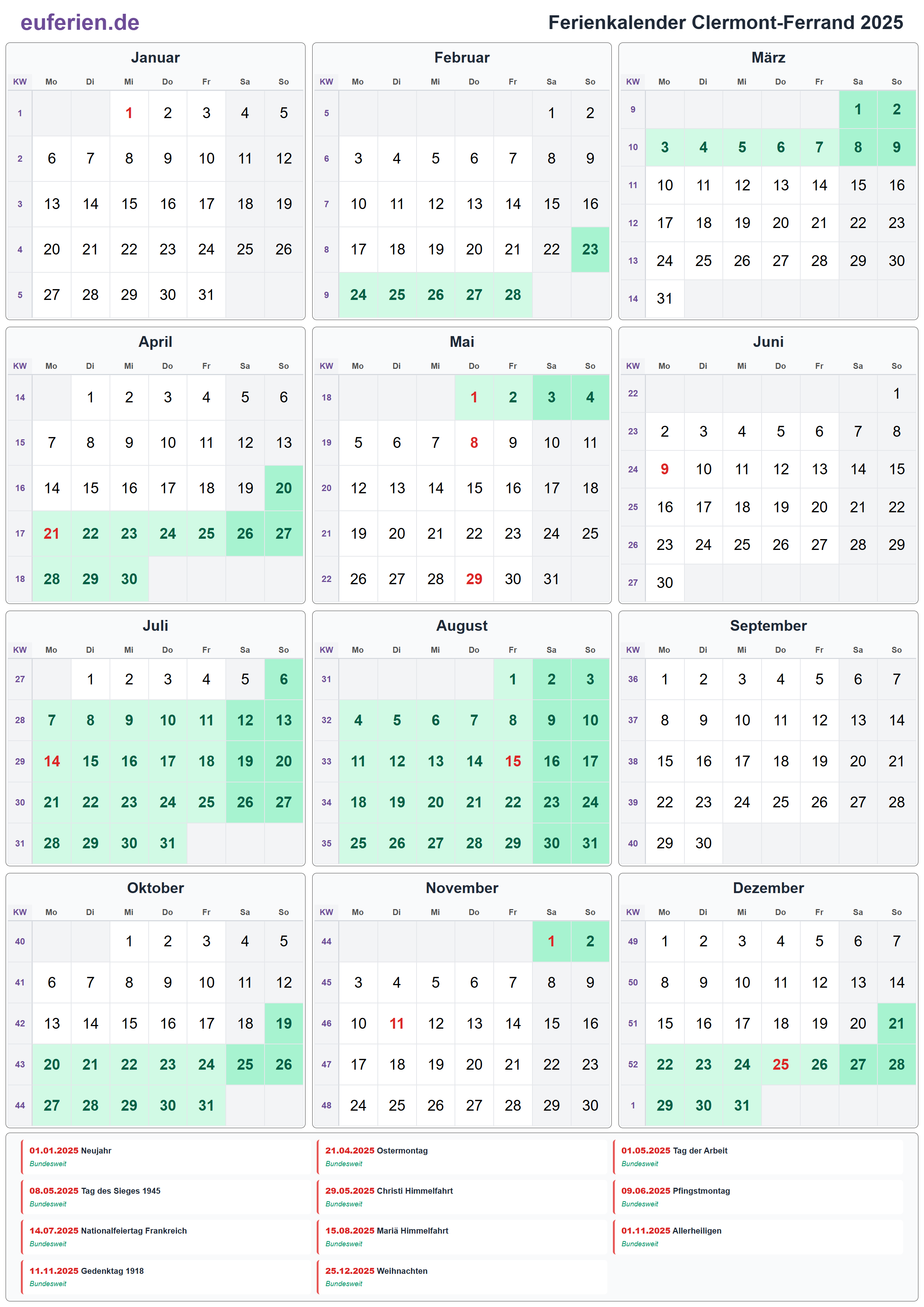 Ferienkalender Clermont-Ferrand 2025 – Hochformat