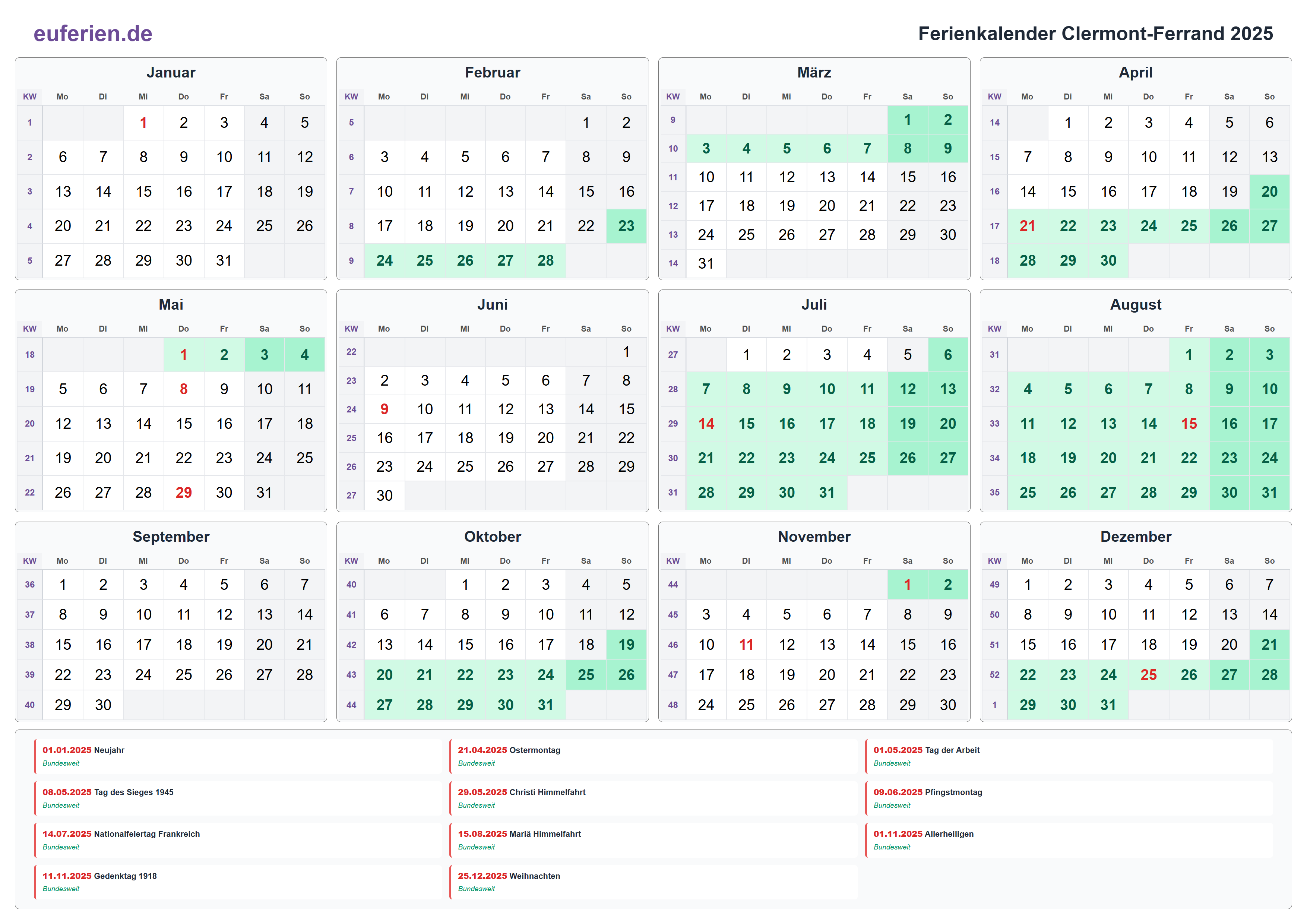 Ferienkalender Clermont-Ferrand 2025 – Querformat