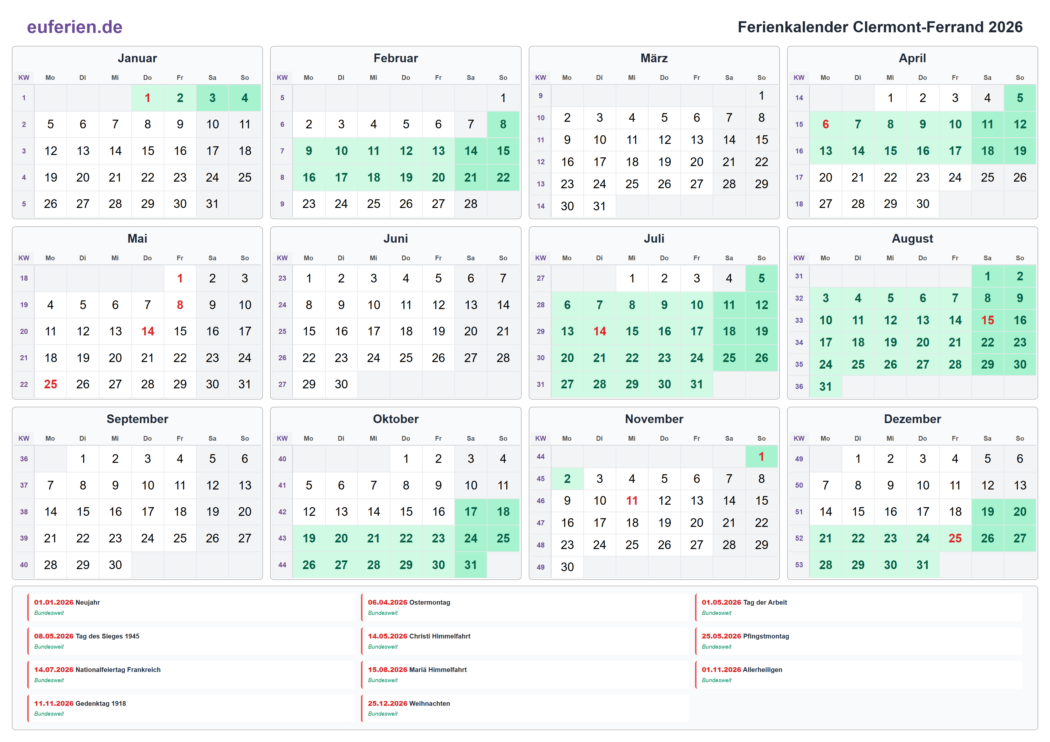 Ferienkalender Clermont-Ferrand 2026 – Querformat
