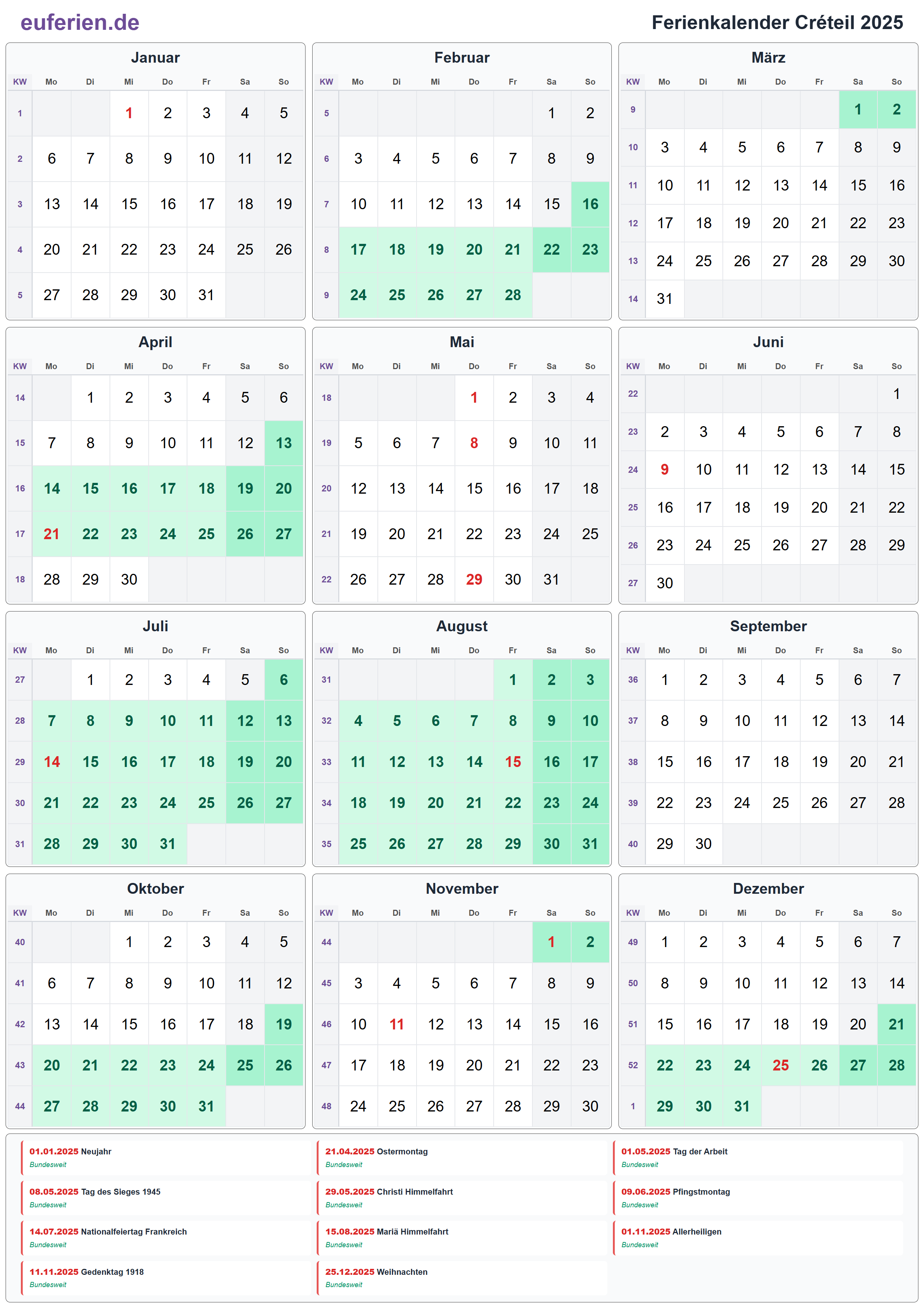 Ferienkalender Créteil 2025 – Hochformat