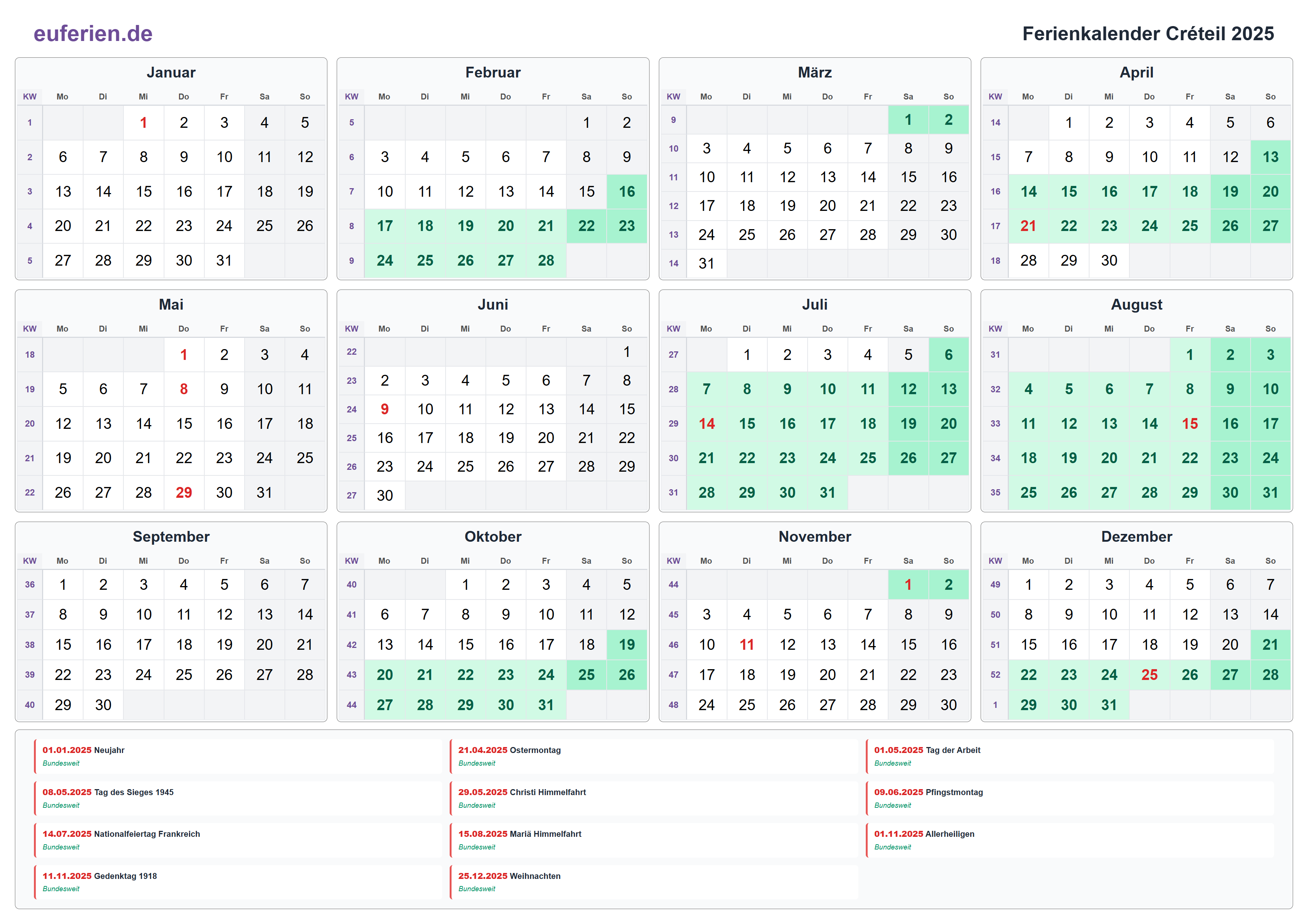 Ferienkalender Créteil 2025 – Querformat