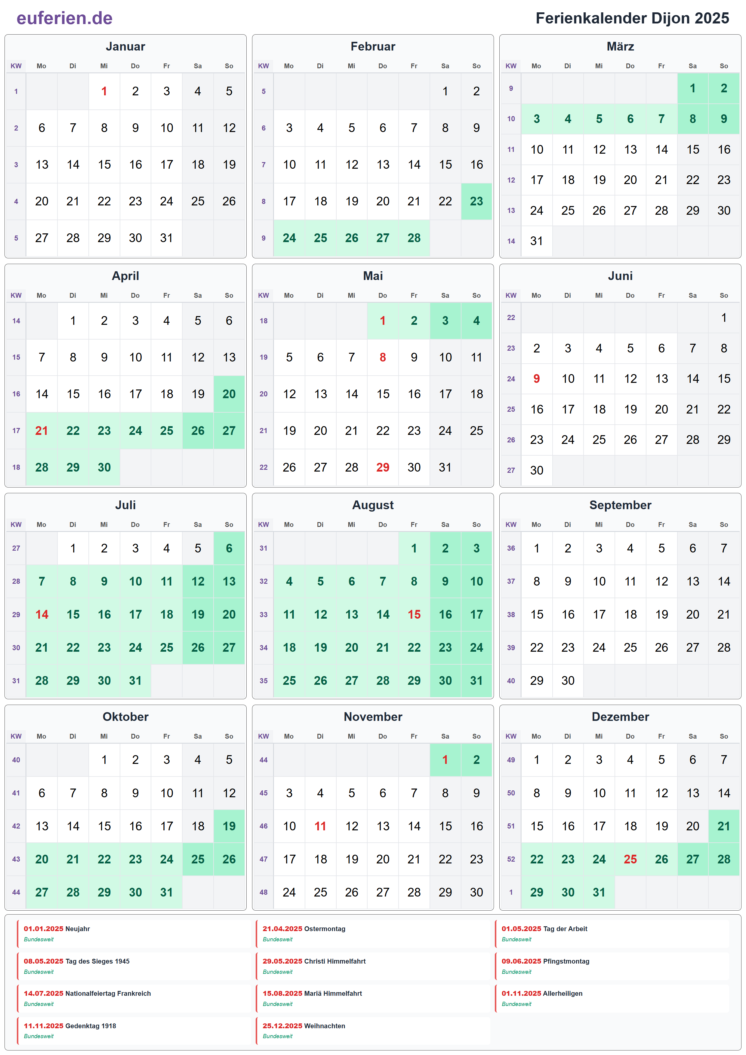 Ferienkalender Dijon 2025 – Hochformat