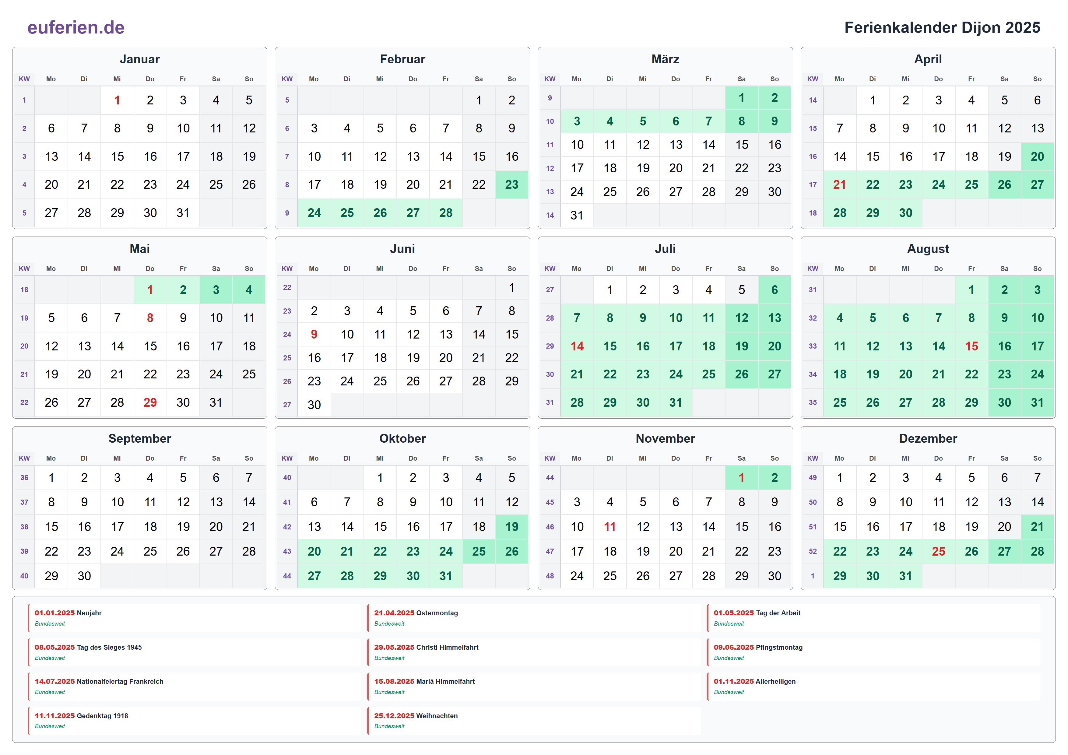 Ferienkalender Dijon 2025 – Querformat