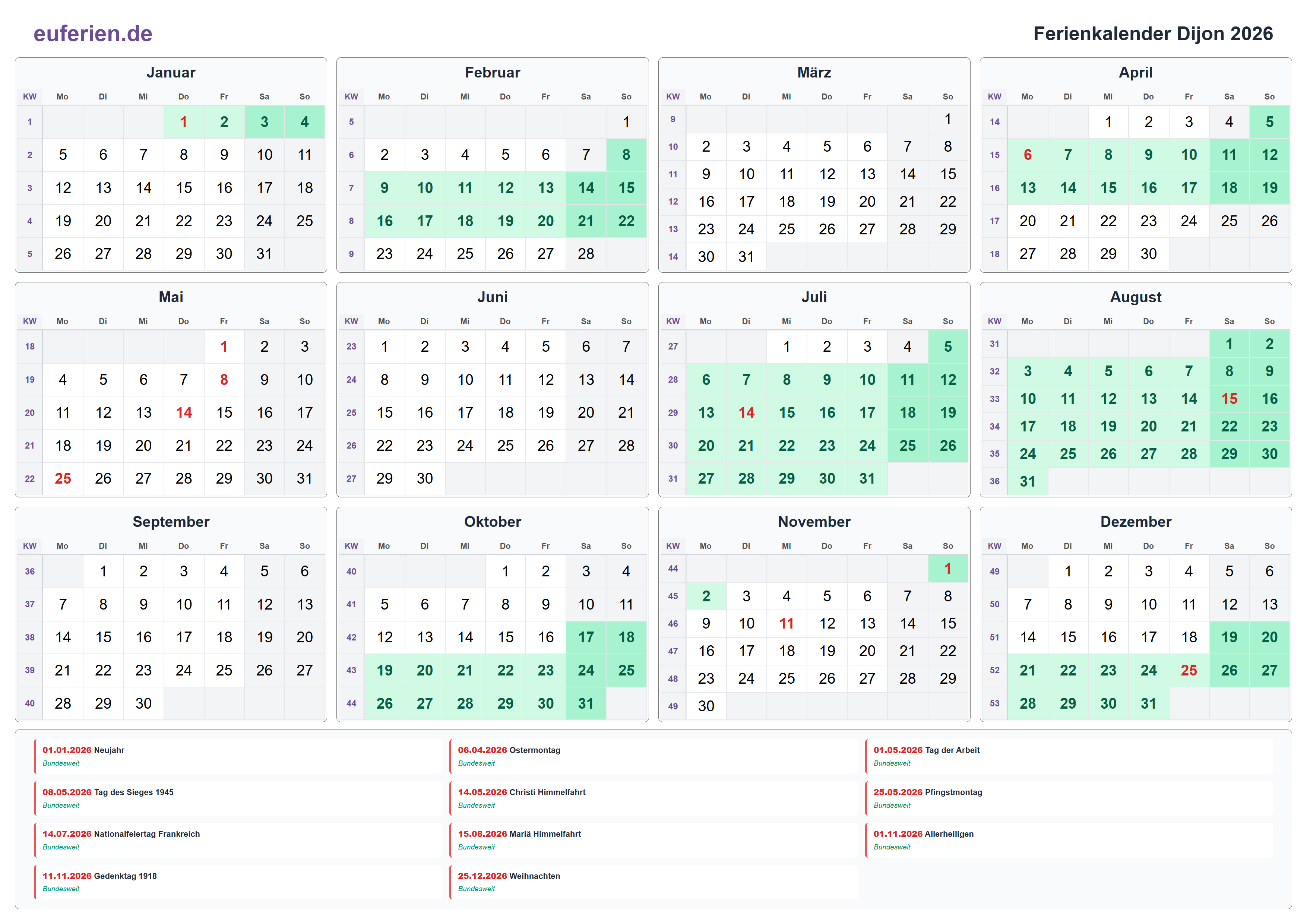 Ferienkalender Dijon 2026 – Querformat