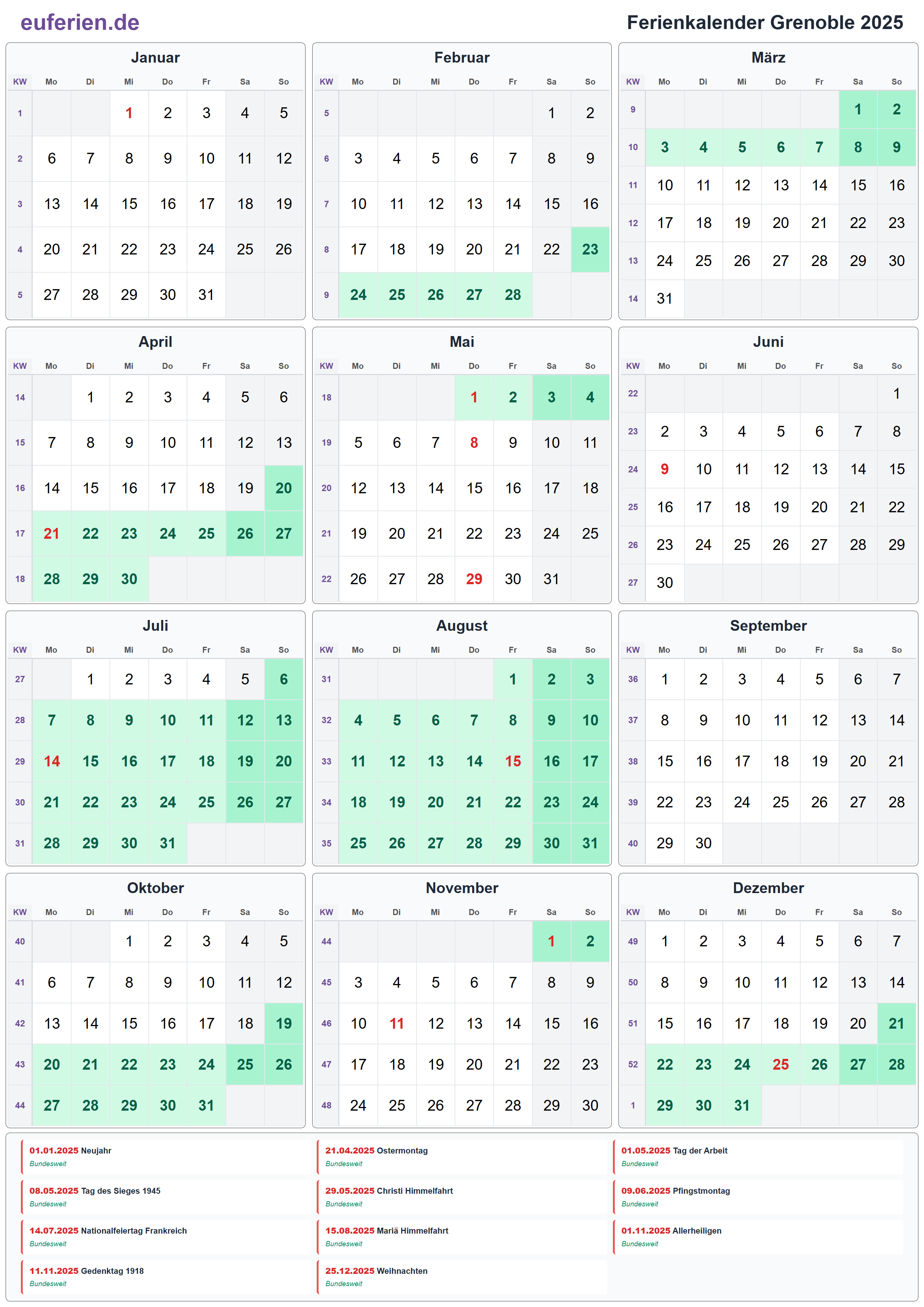 Ferienkalender Grenoble 2025 – Hochformat