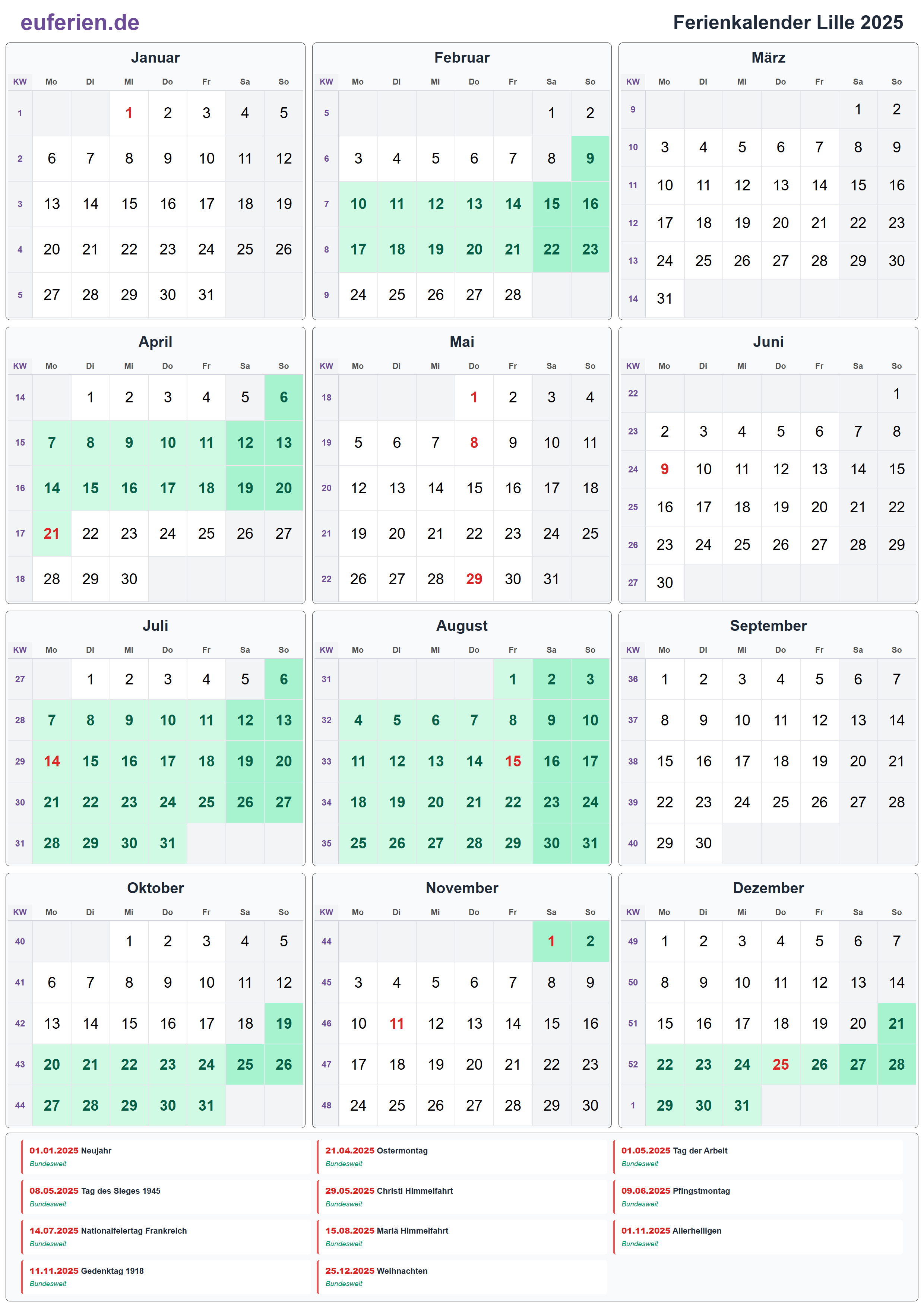 Ferienkalender Lille 2025 – Hochformat