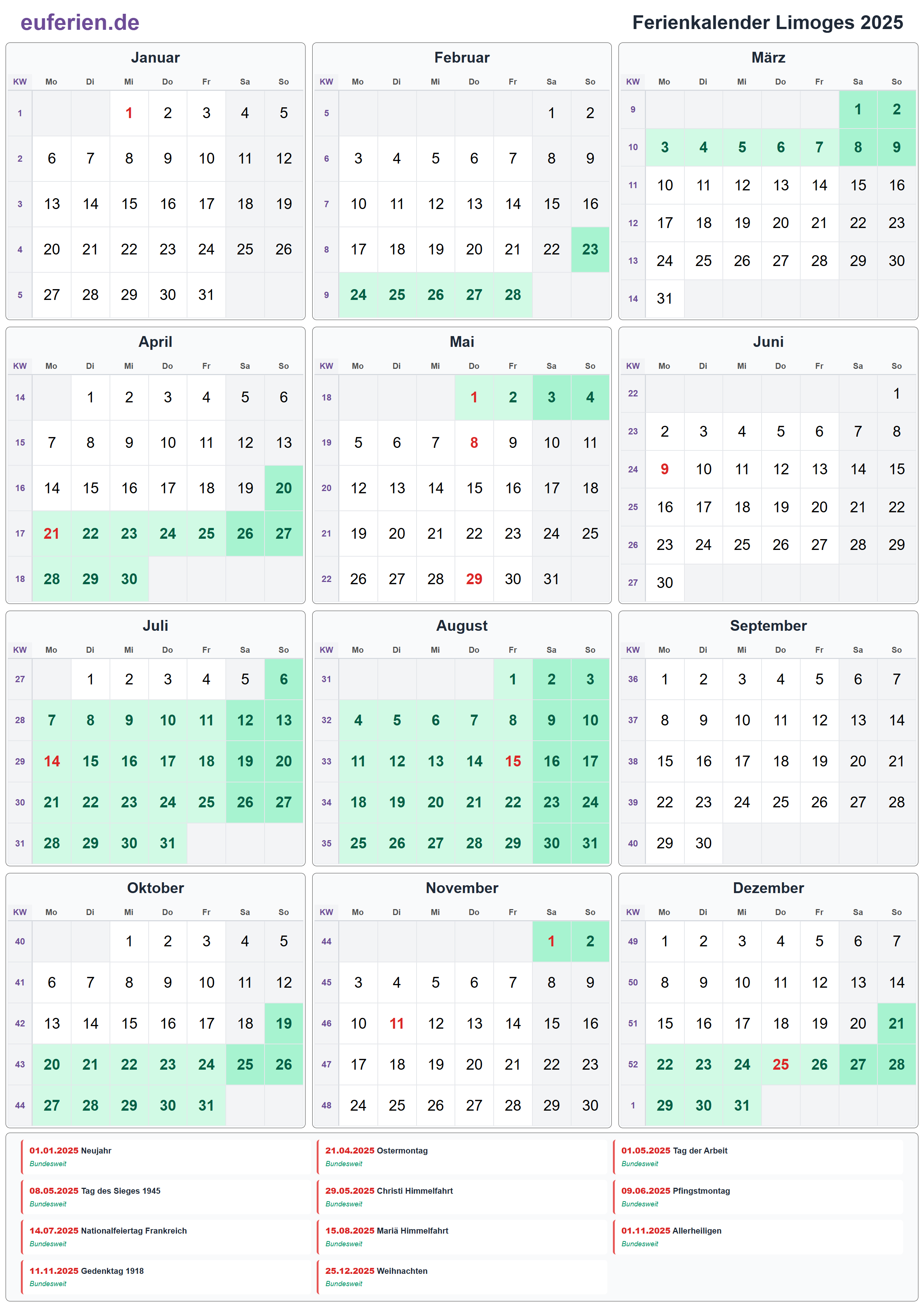 Ferienkalender Limoges 2025 – Hochformat