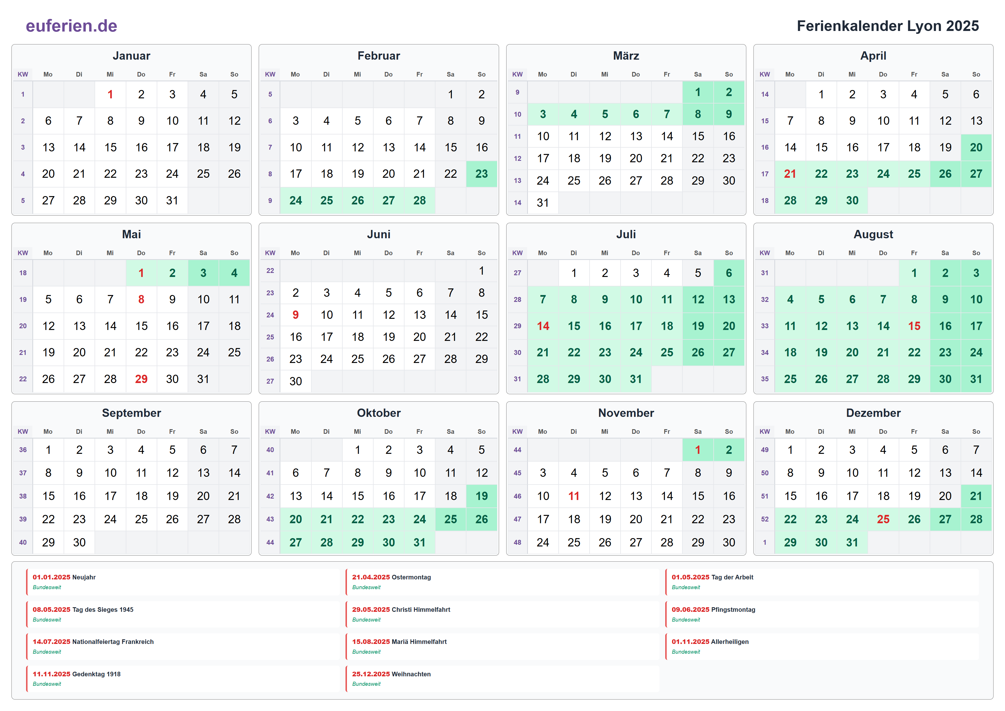 Ferienkalender Lyon 2025 – Querformat