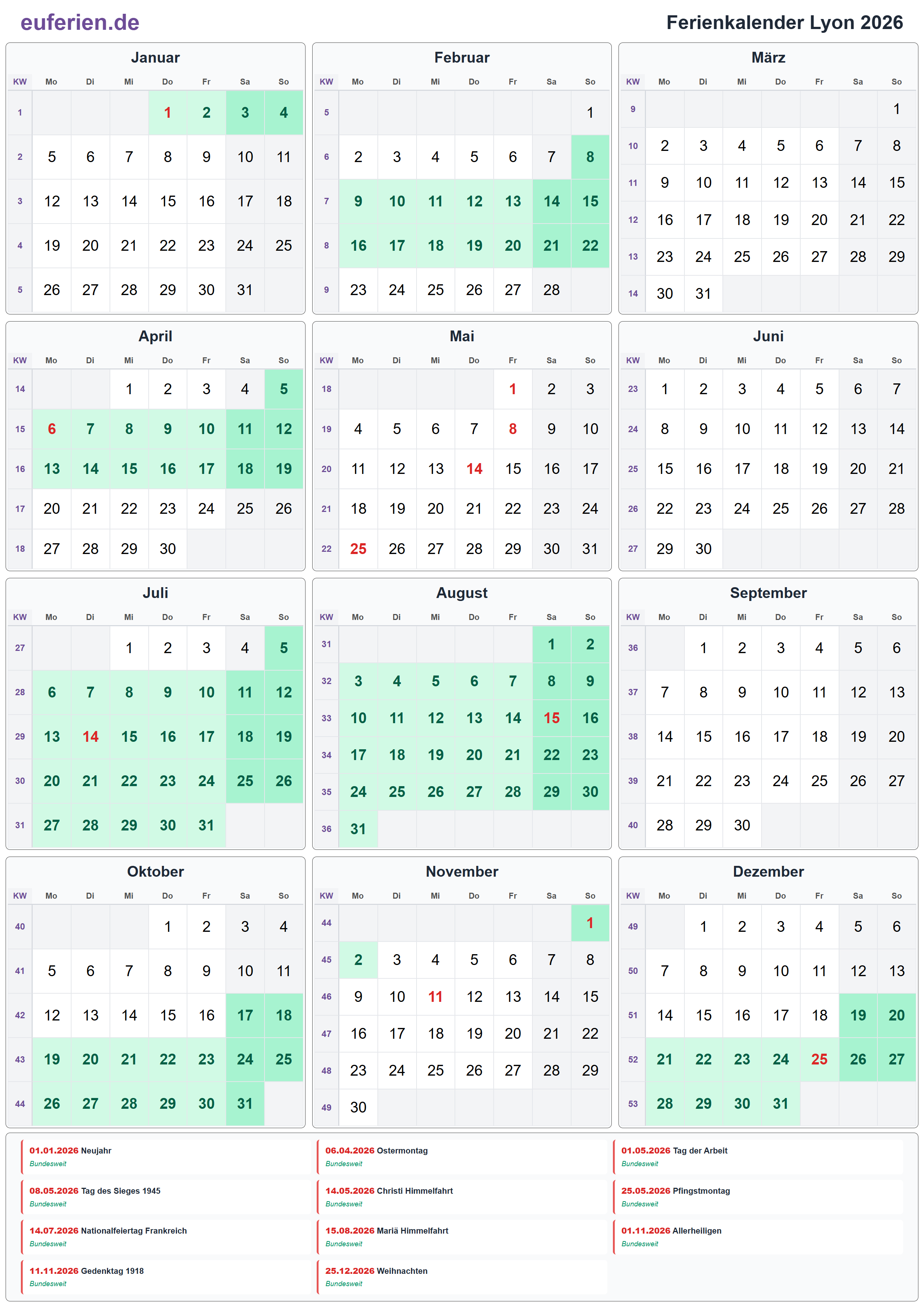 Ferienkalender Lyon 2026 – Hochformat