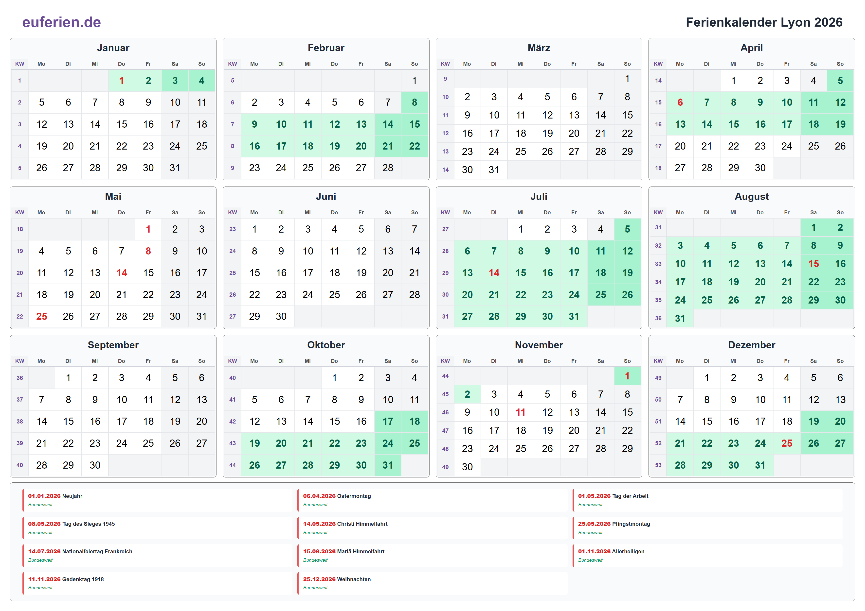 Ferienkalender Lyon 2026 – Querformat