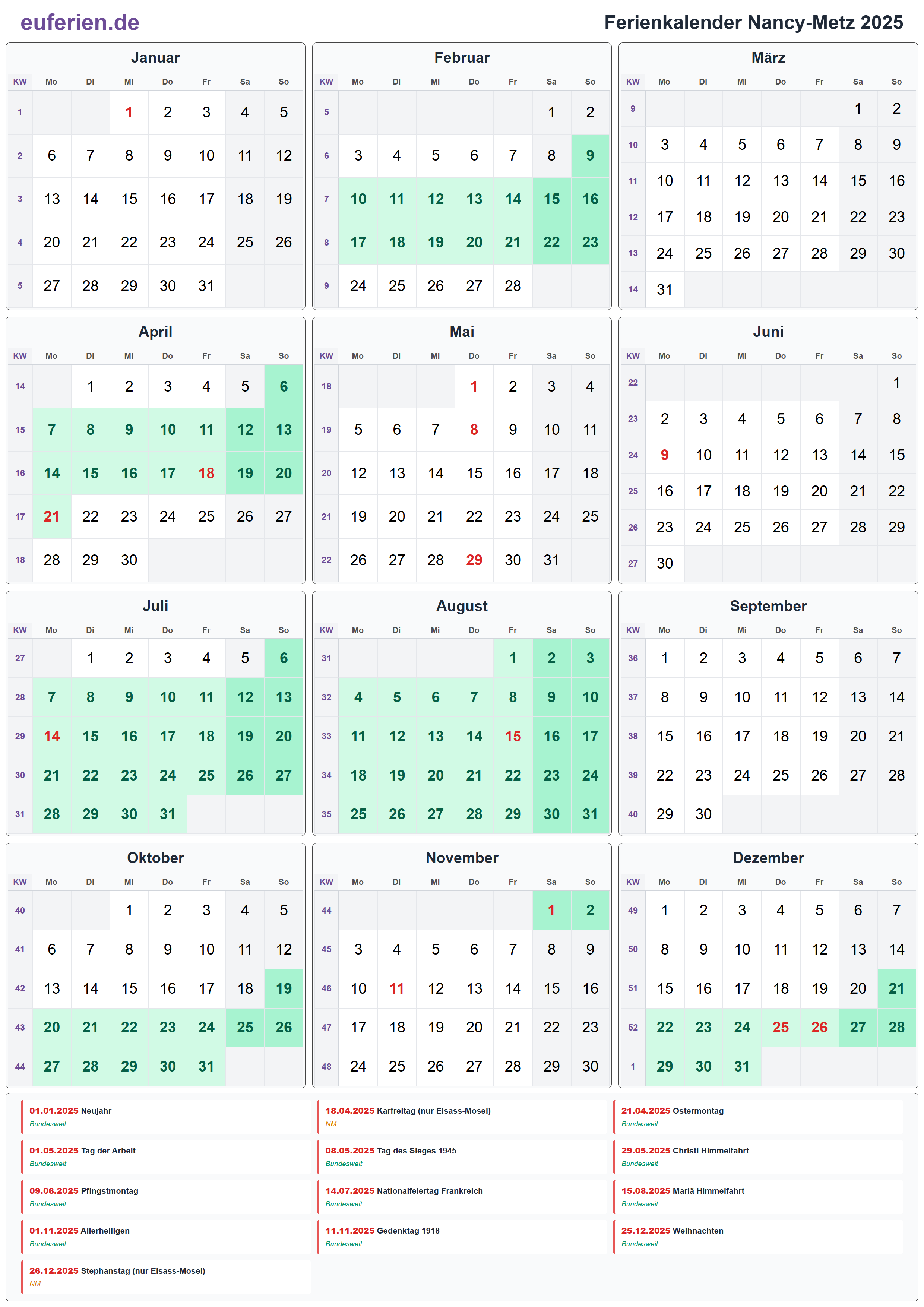Ferienkalender Nancy-Metz 2025 – Hochformat