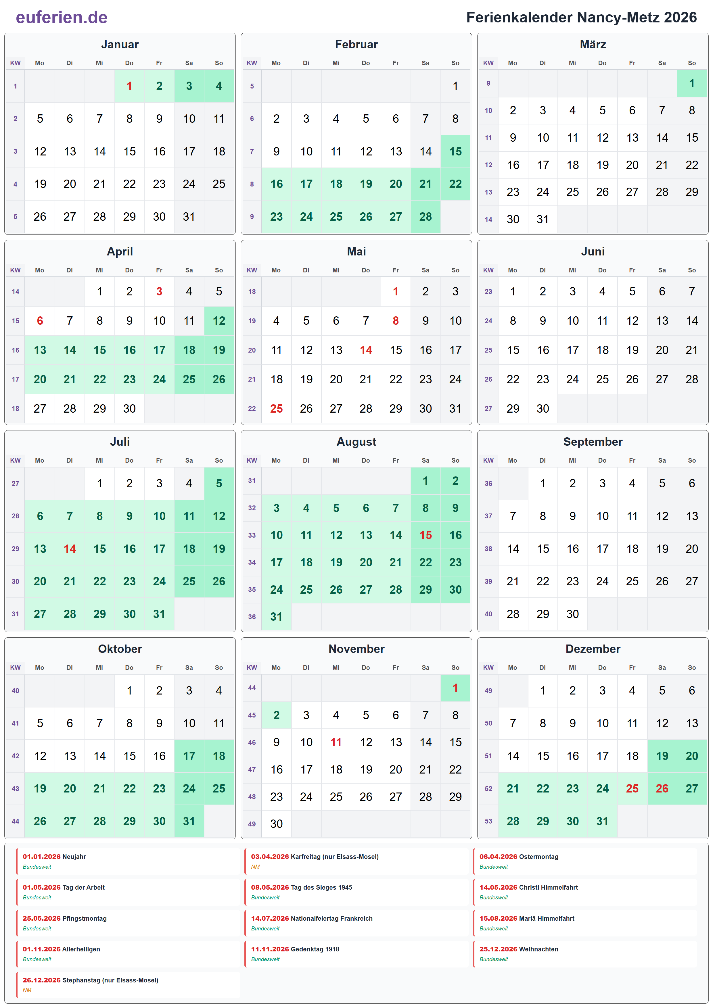 Ferienkalender Nancy-Metz 2026 – Hochformat