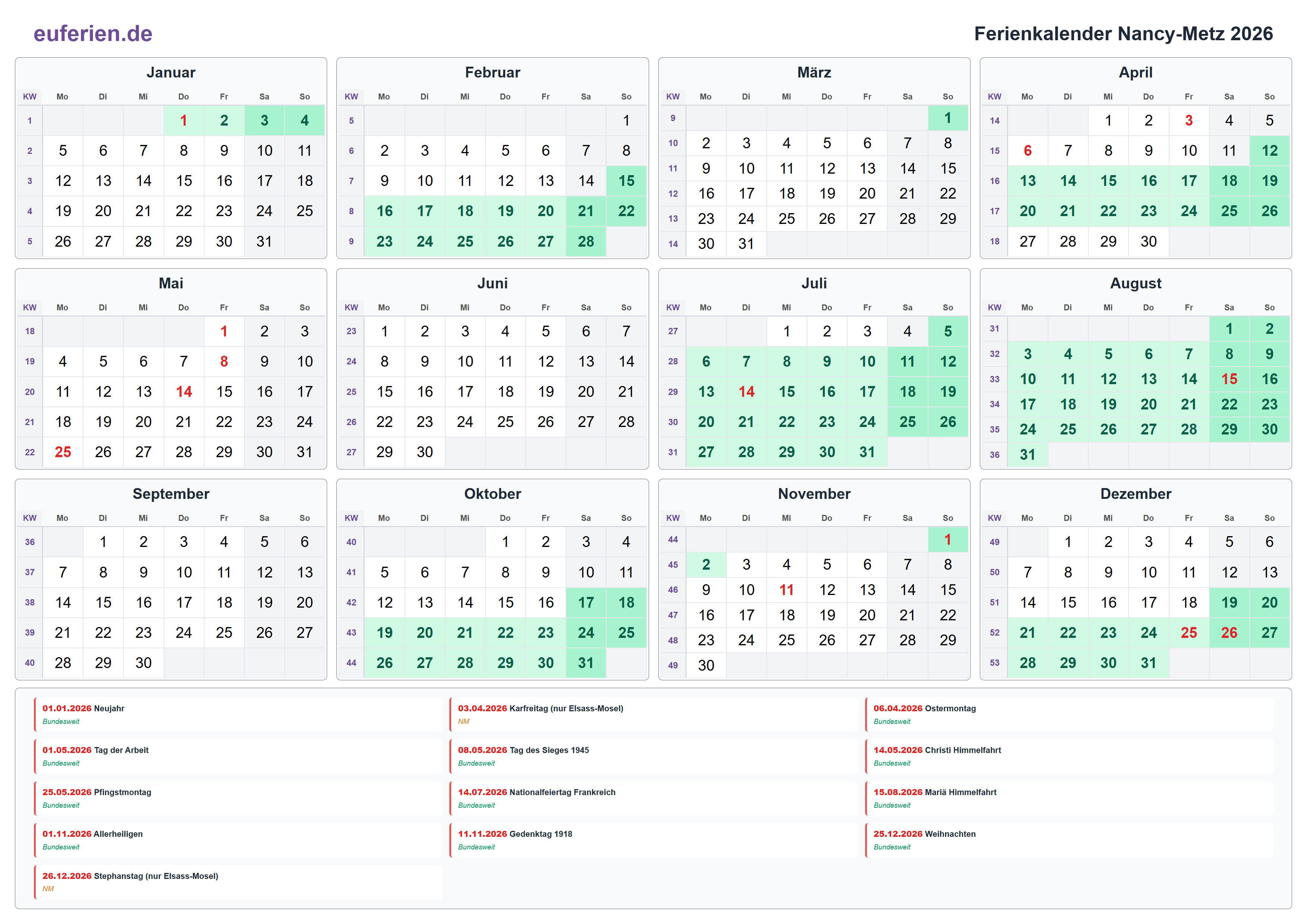 Ferienkalender Nancy-Metz 2026 – Querformat