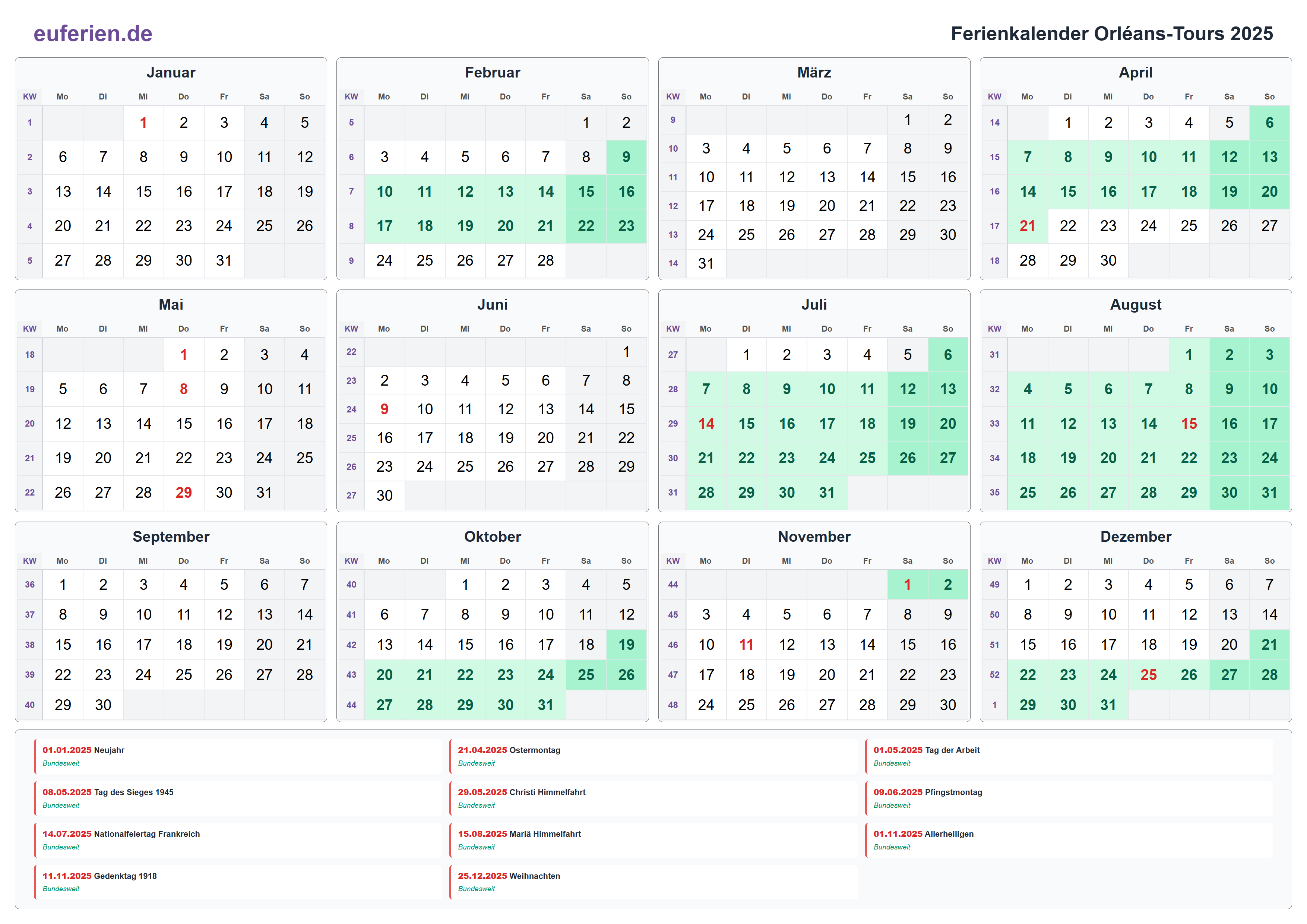 Ferienkalender Orléans-Tours 2025 – Querformat