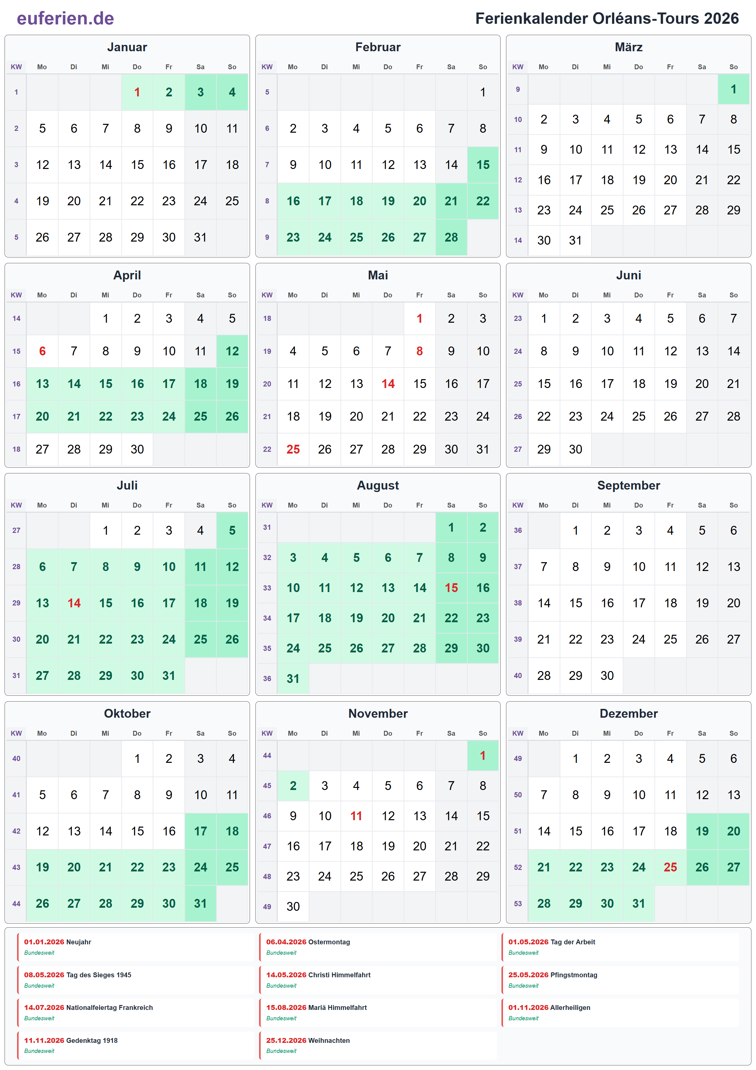 Ferienkalender Orléans-Tours 2026 – Hochformat