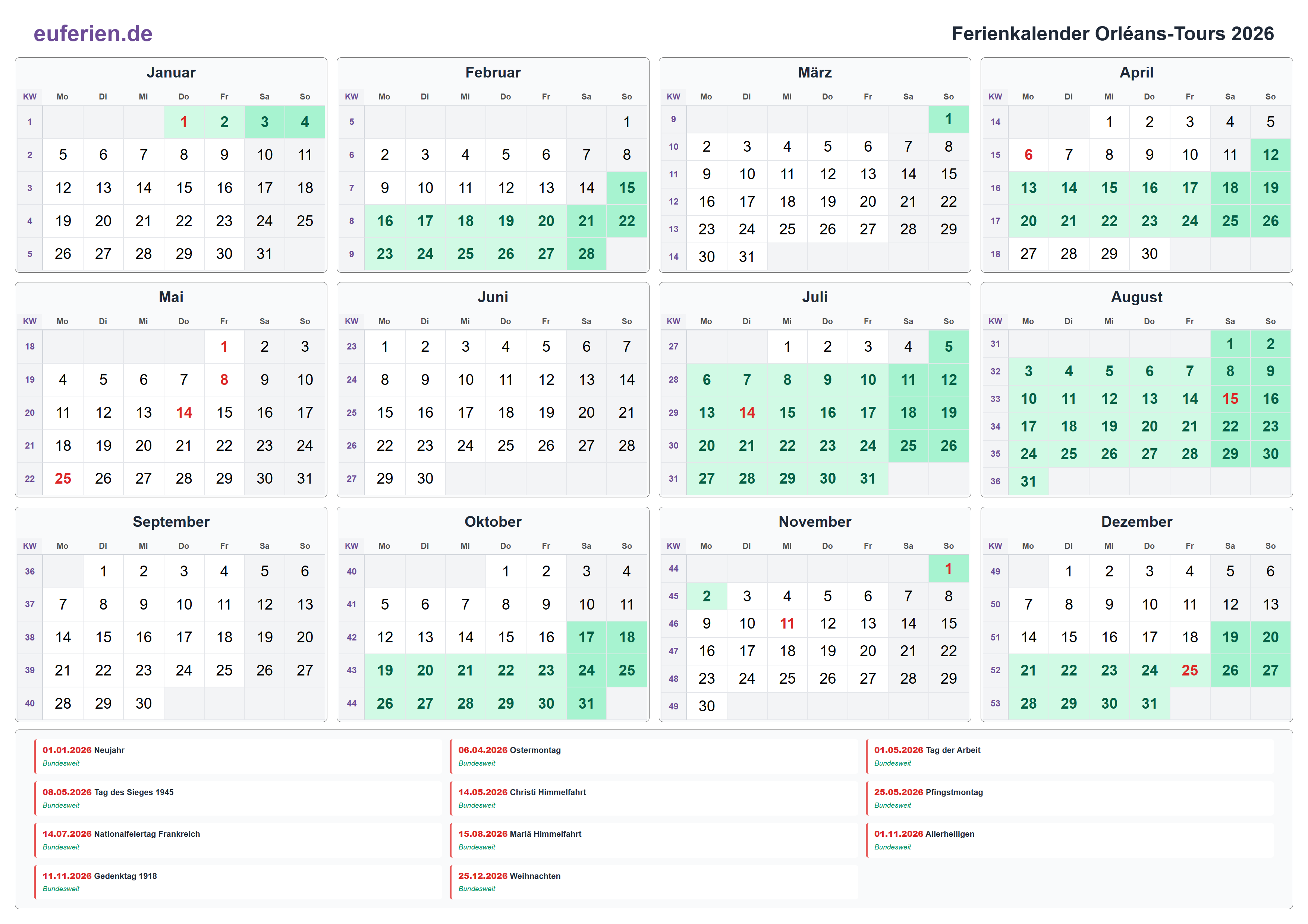 Ferienkalender Orléans-Tours 2026 – Querformat