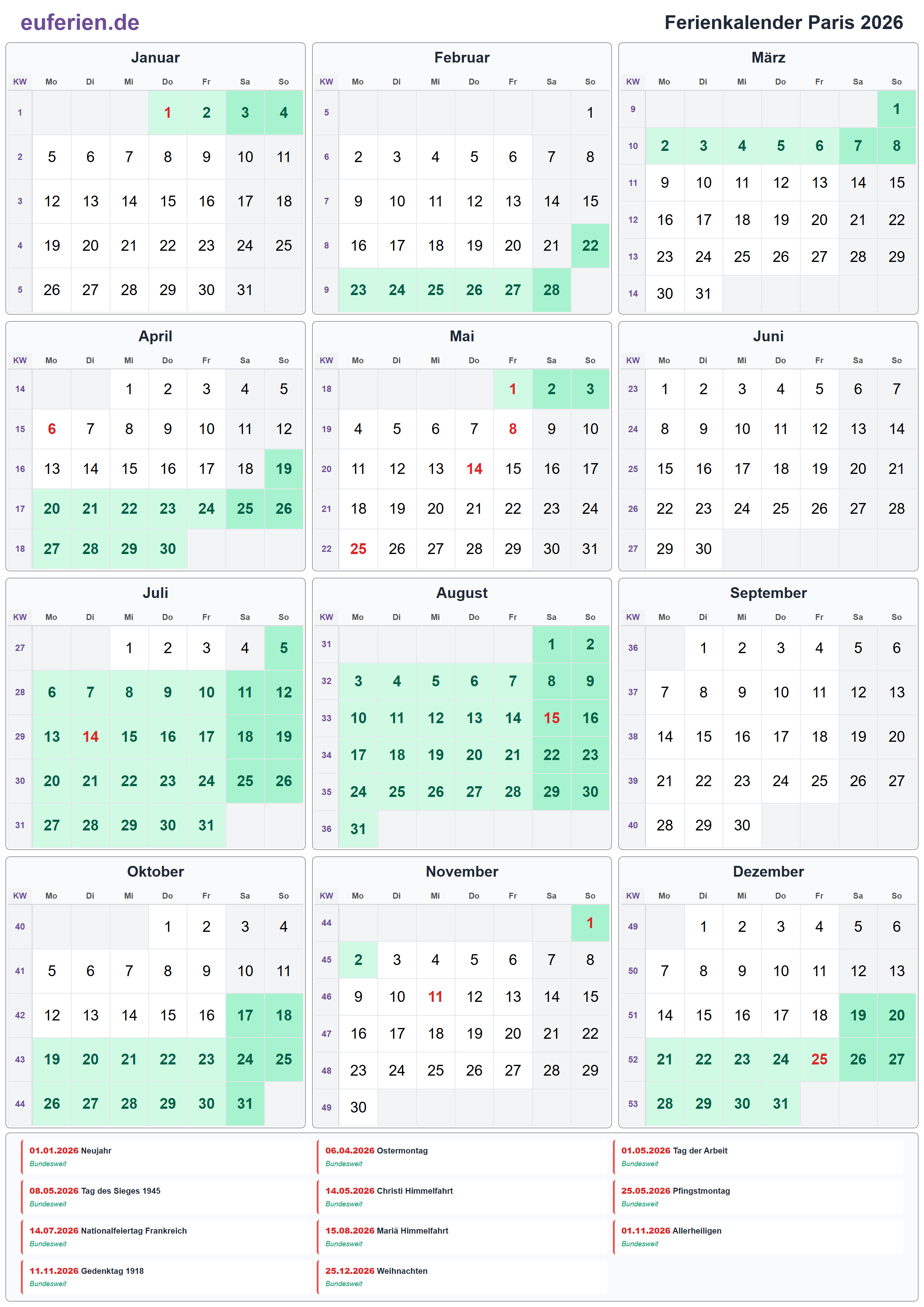 Ferienkalender Paris 2026 – Hochformat