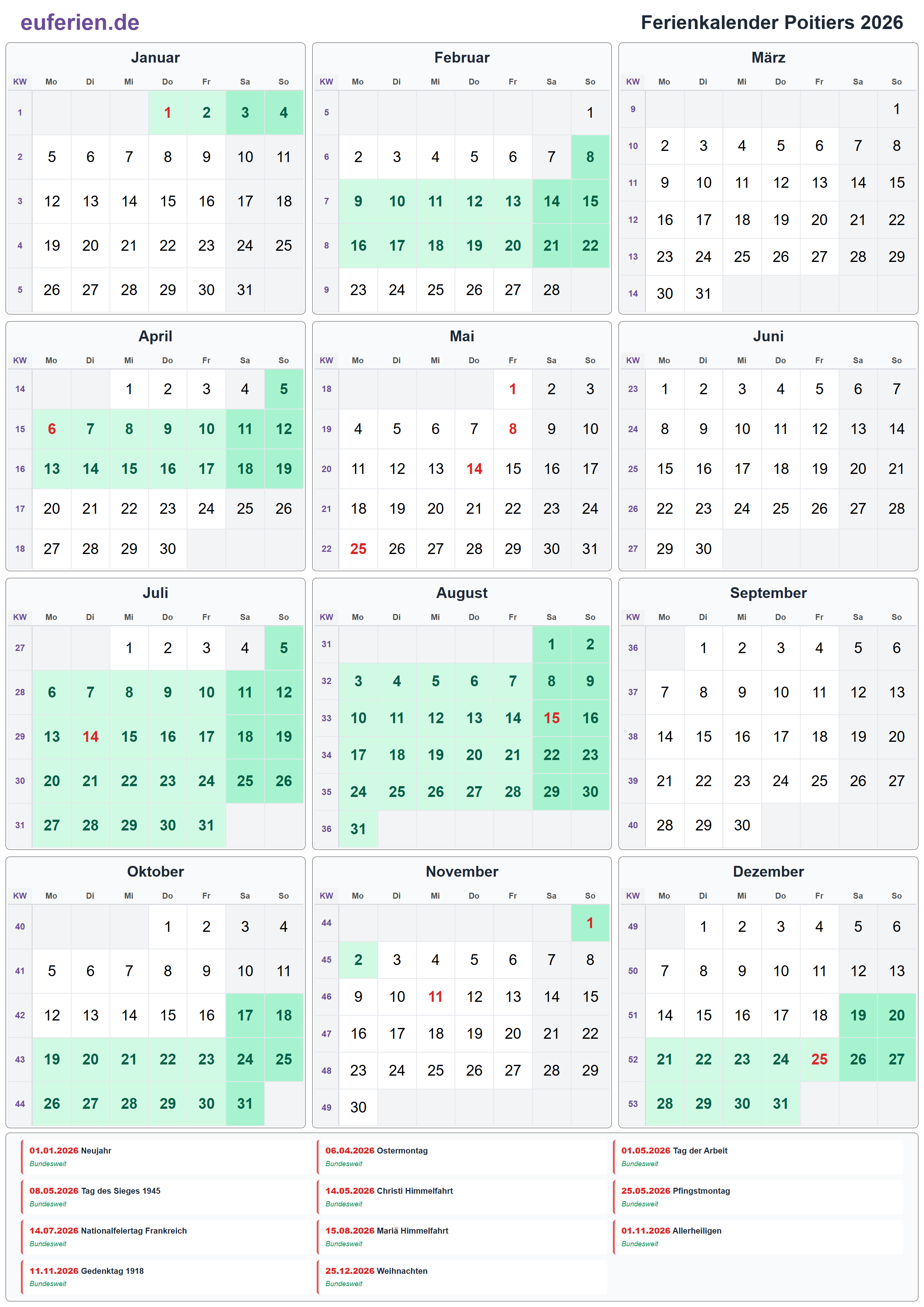 Ferienkalender Poitiers 2026 – Hochformat