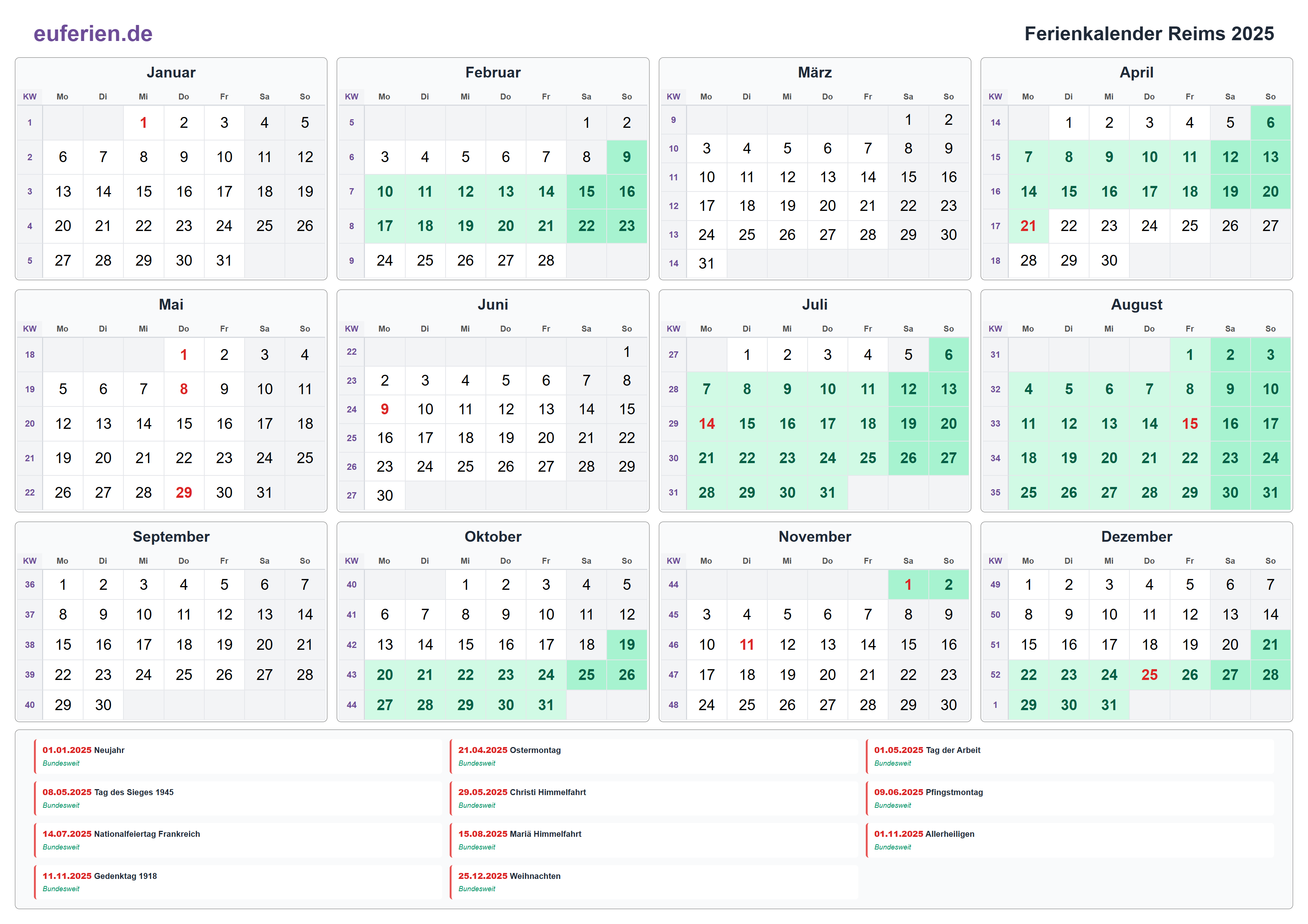 Ferienkalender Reims 2025 – Querformat