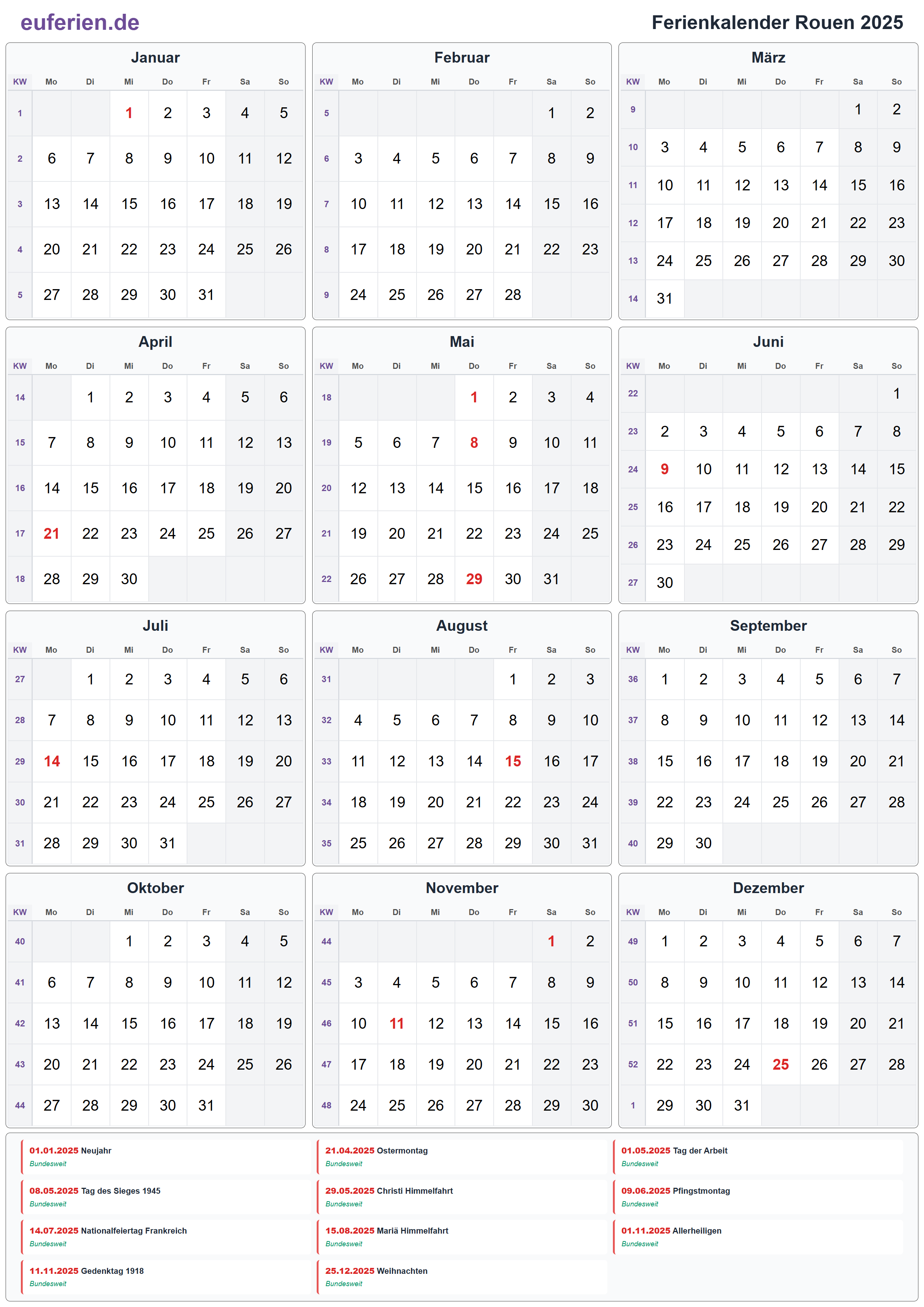 Ferienkalender Rouen 2025 – Hochformat