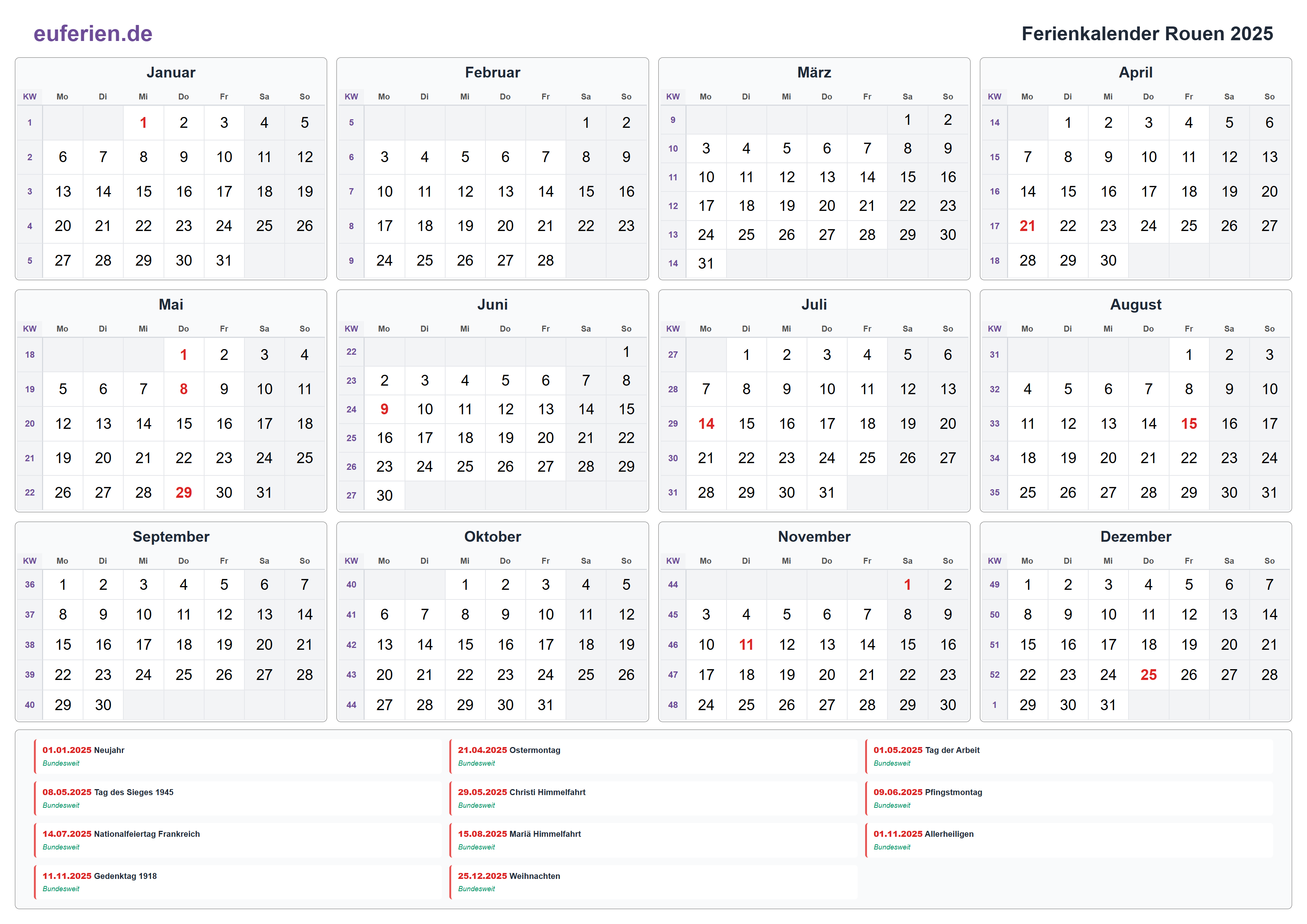 Ferienkalender Rouen 2025 – Querformat