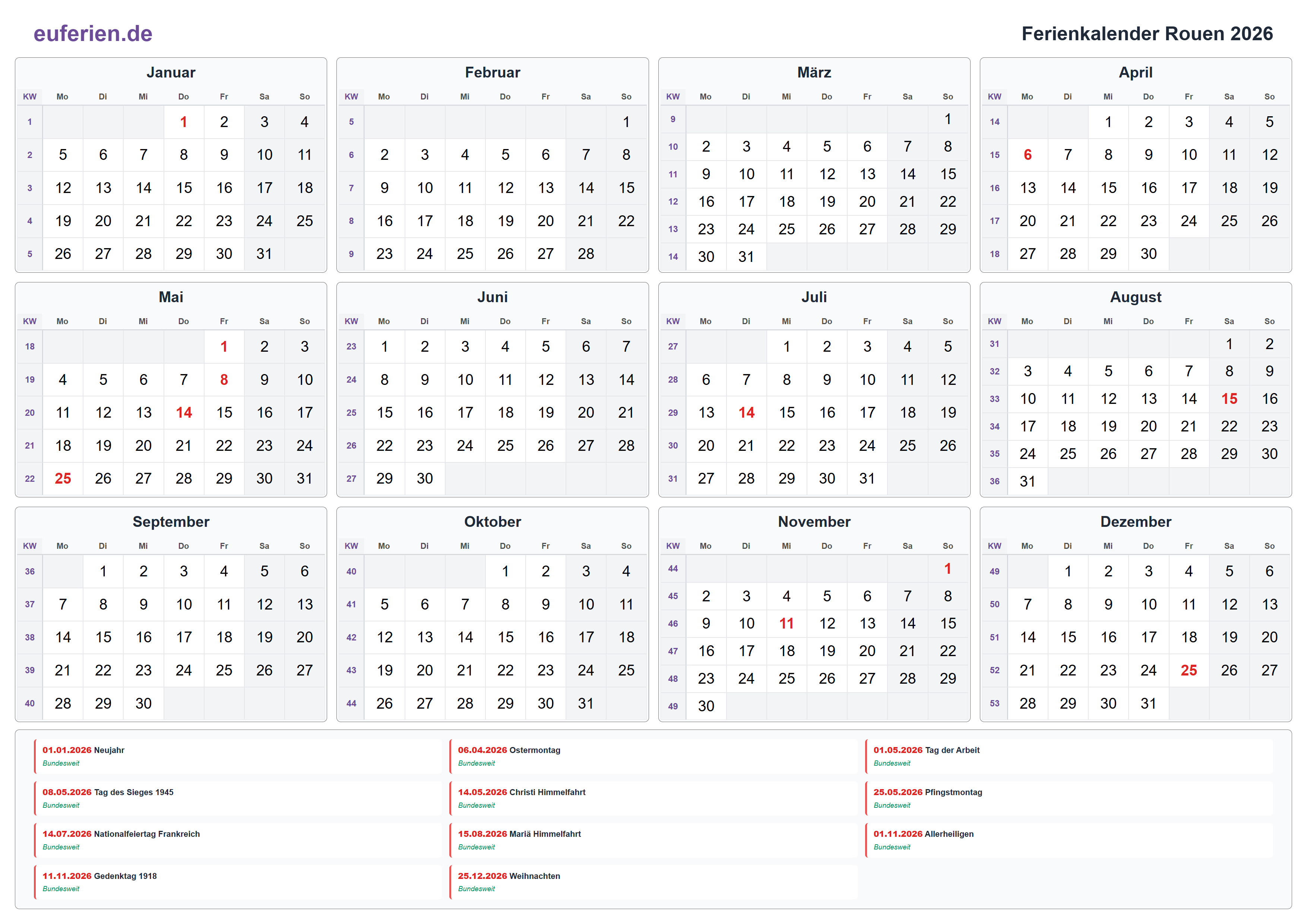 Ferienkalender Rouen 2026 – Querformat