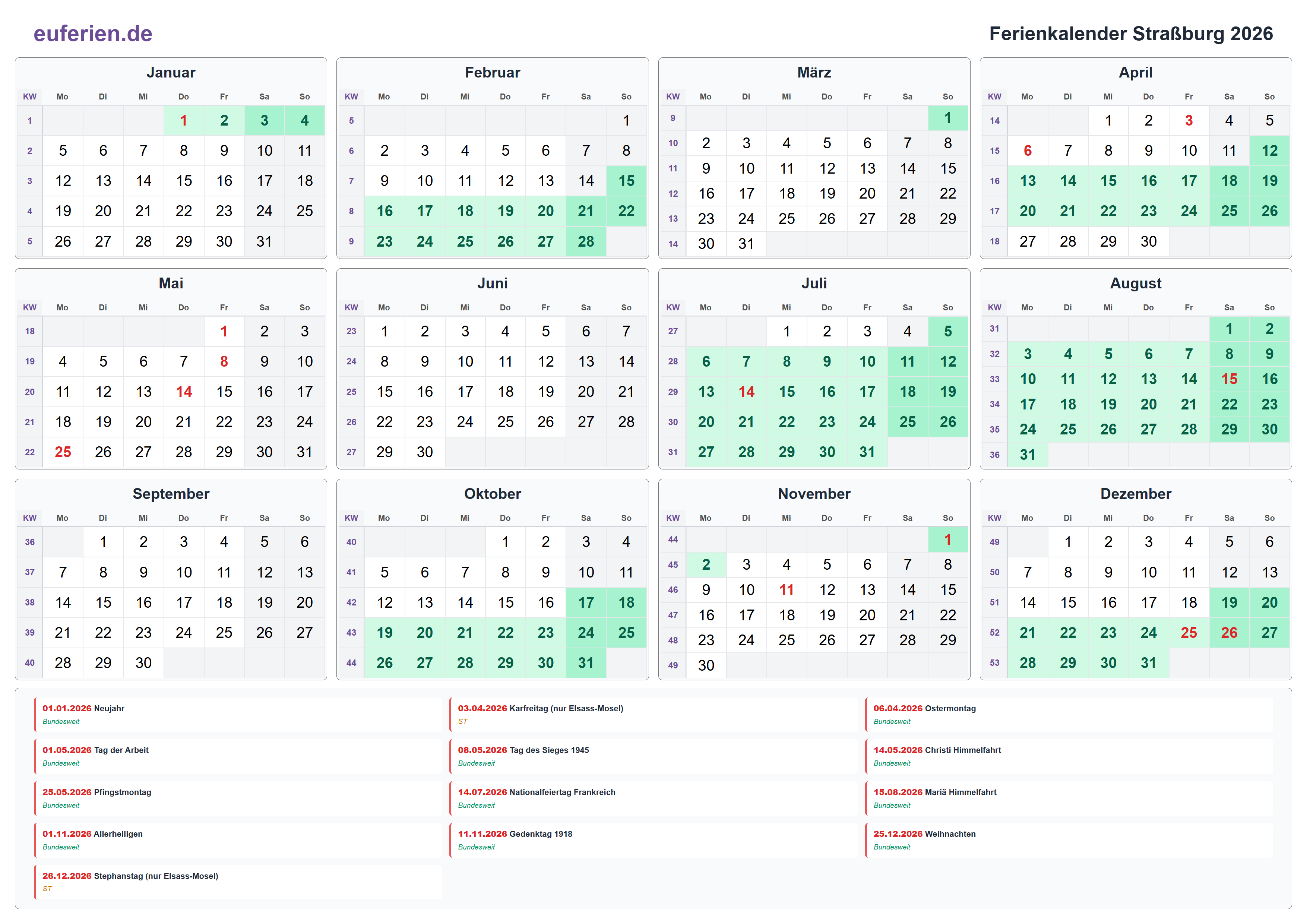 Ferienkalender Straßburg 2026 – Querformat