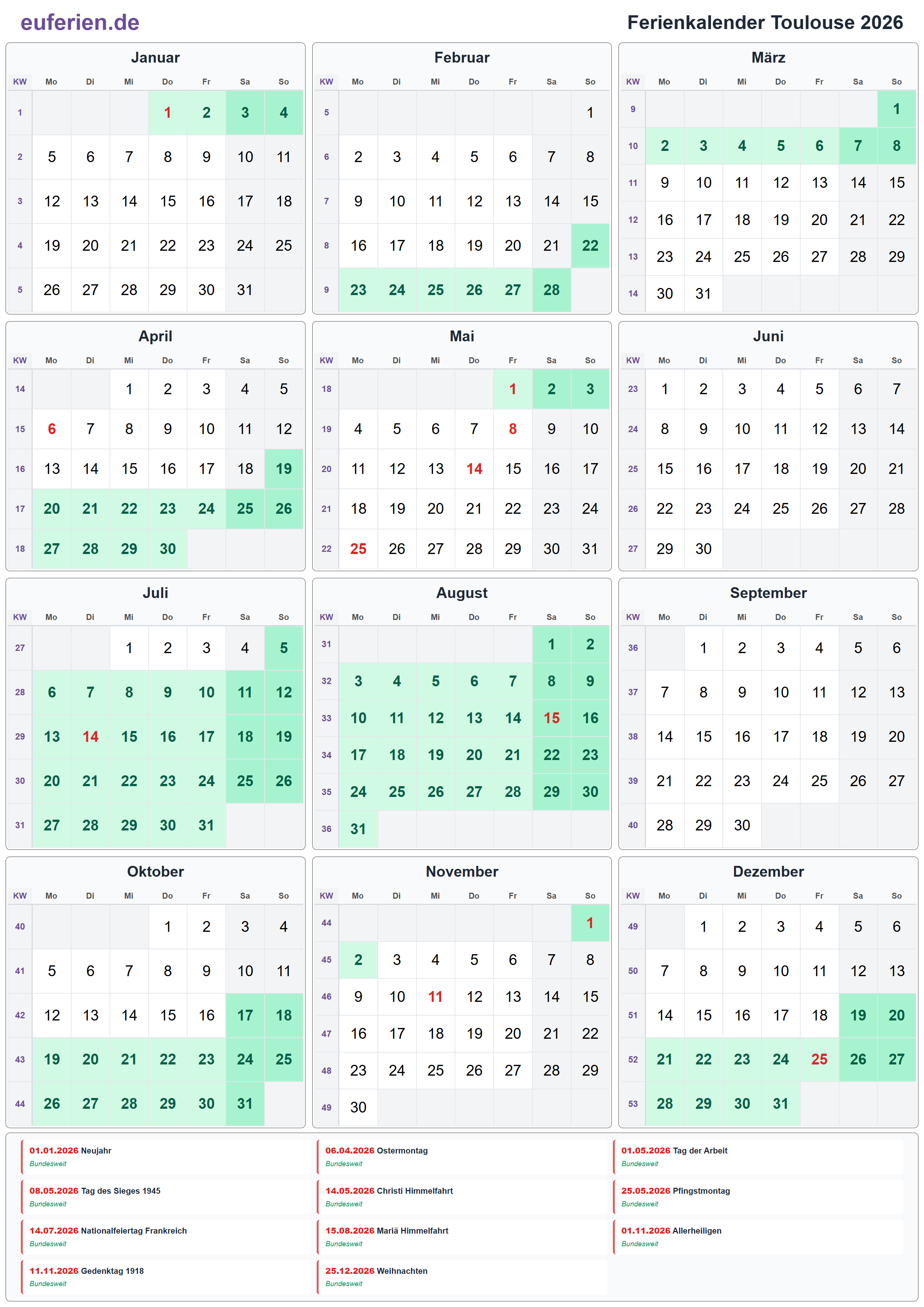 Ferienkalender Toulouse 2026 – Hochformat