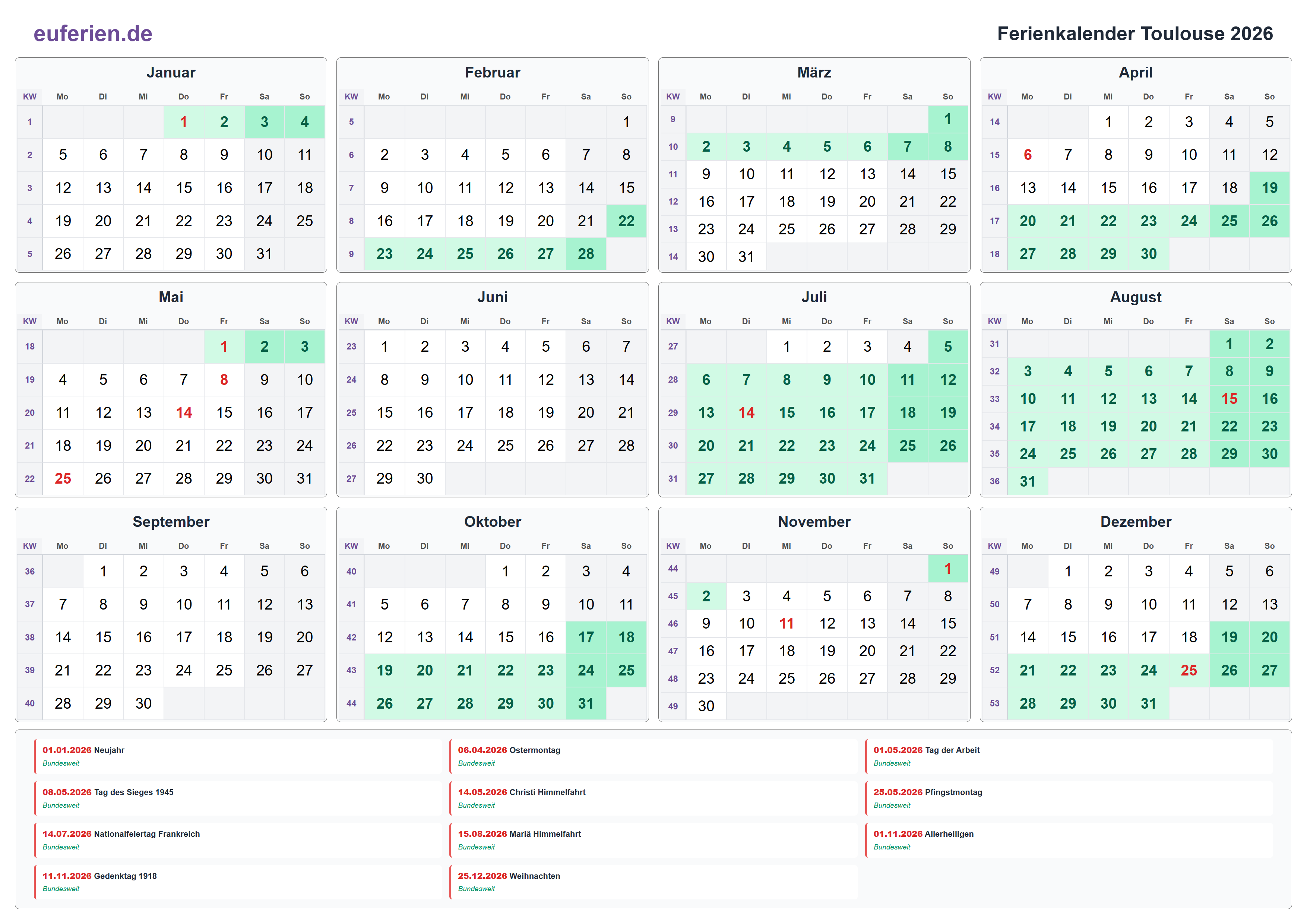 Ferienkalender Toulouse 2026 – Querformat