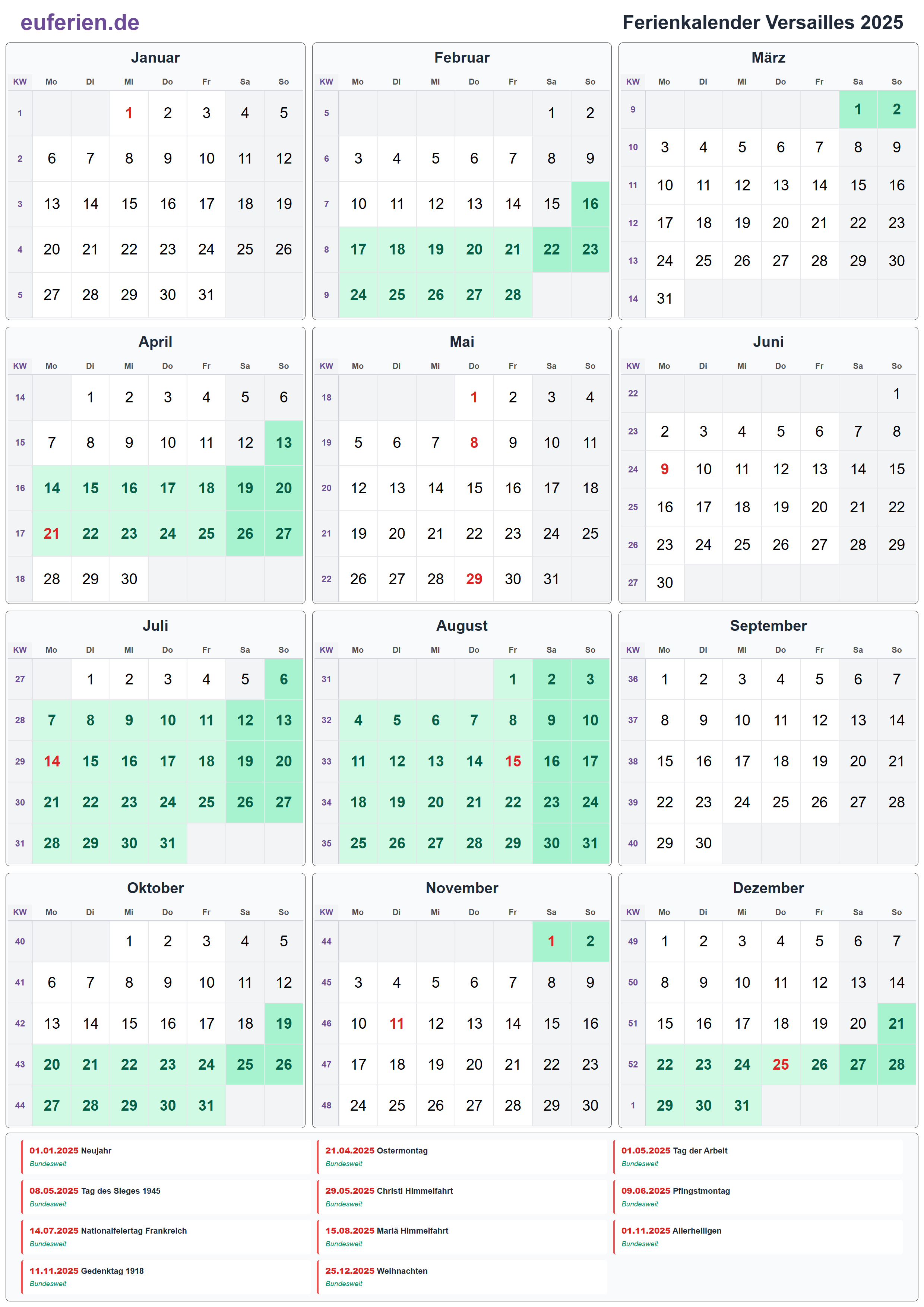 Ferienkalender Versailles 2025 – Hochformat