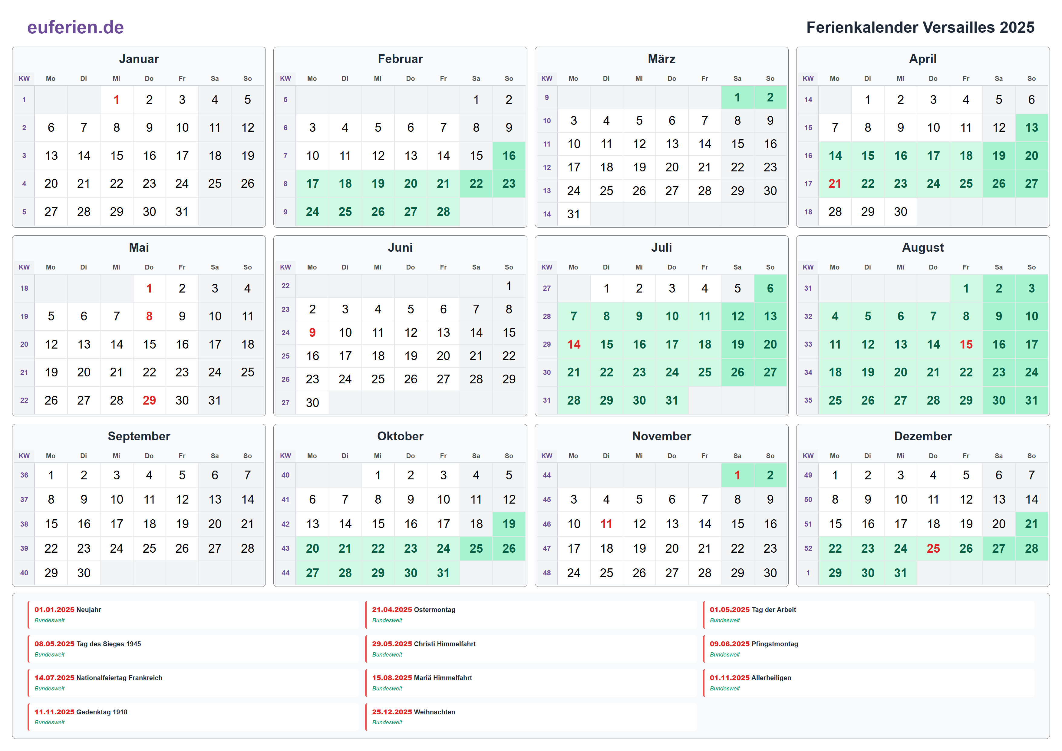 Ferienkalender Versailles 2025 – Querformat