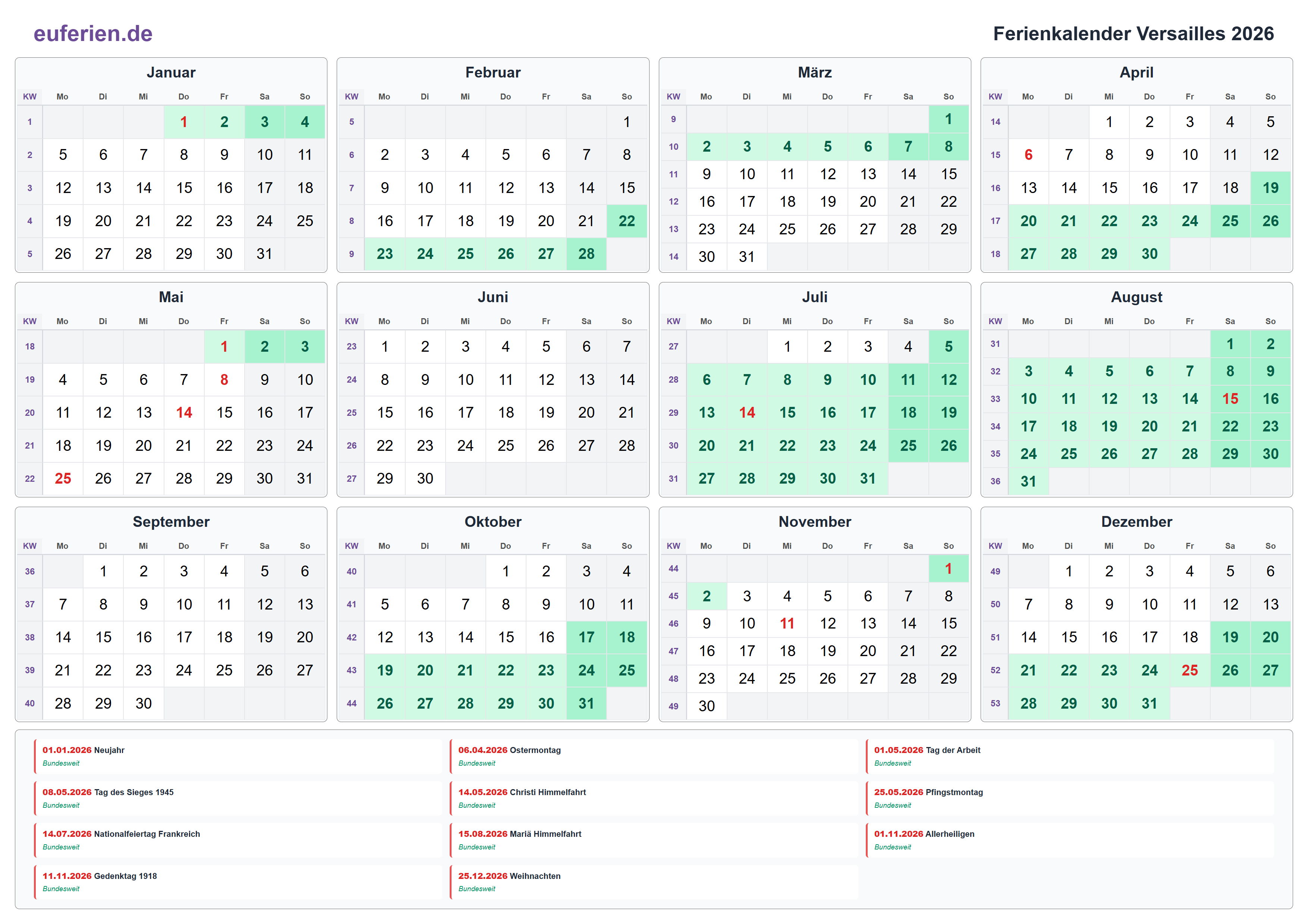 Ferienkalender Versailles 2026 – Querformat