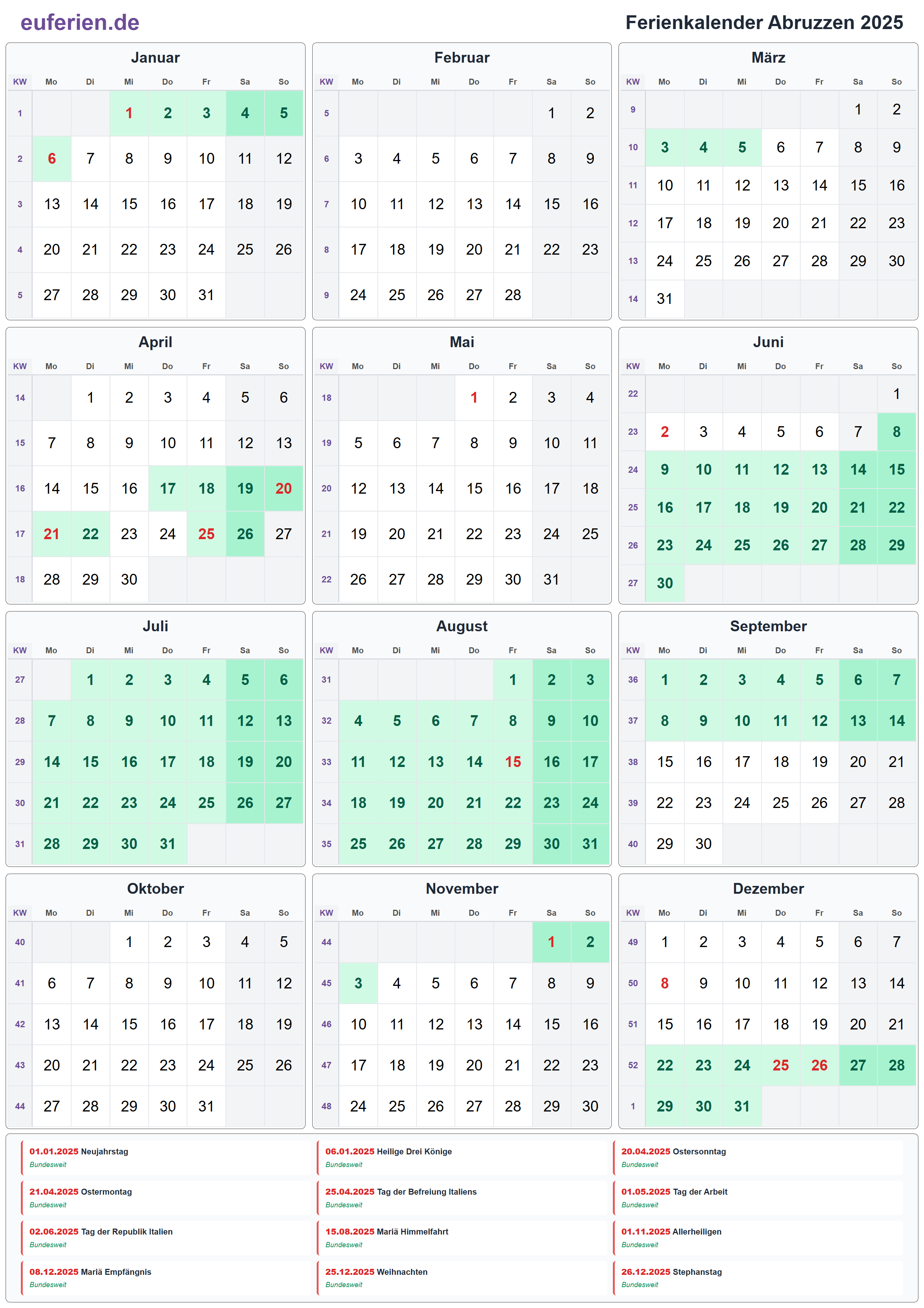 Ferienkalender Abruzzen 2025 – Hochformat